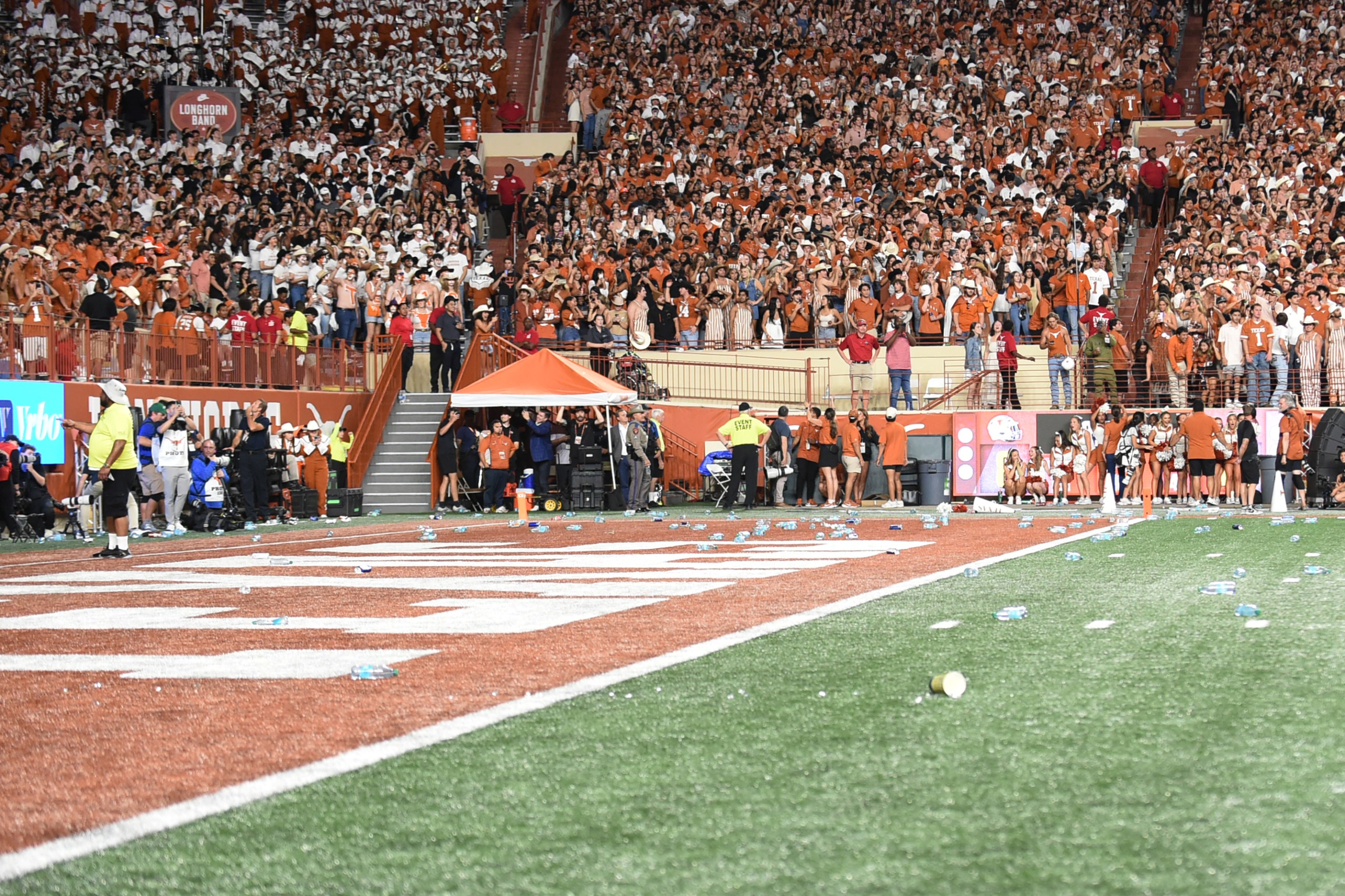 Fans throw trash onto the field during the college football game between the Georgia Bulldogs and the Texas Longhorns on October 19, 2024, at Darrell K Royal-Texas Memorial Stadium.