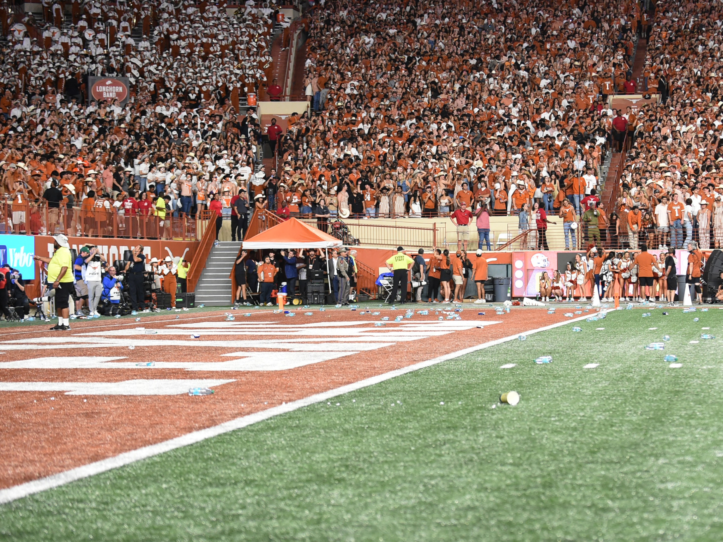 Fans throw trash onto the field during the college football game between the Georgia Bulldogs and the Texas Longhorns on October 19, 2024, at Darrell K Royal-Texas Memorial Stadium.