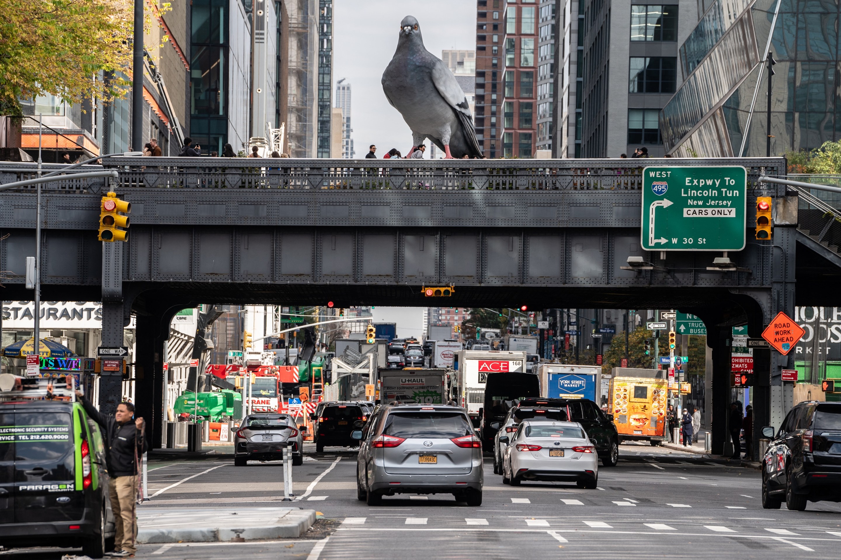 A 16 foot sculpture of a pigeon named dinosaur at the Highline in New York City on November 4, 2024. (Photo by David Dee Delgado/AFP)