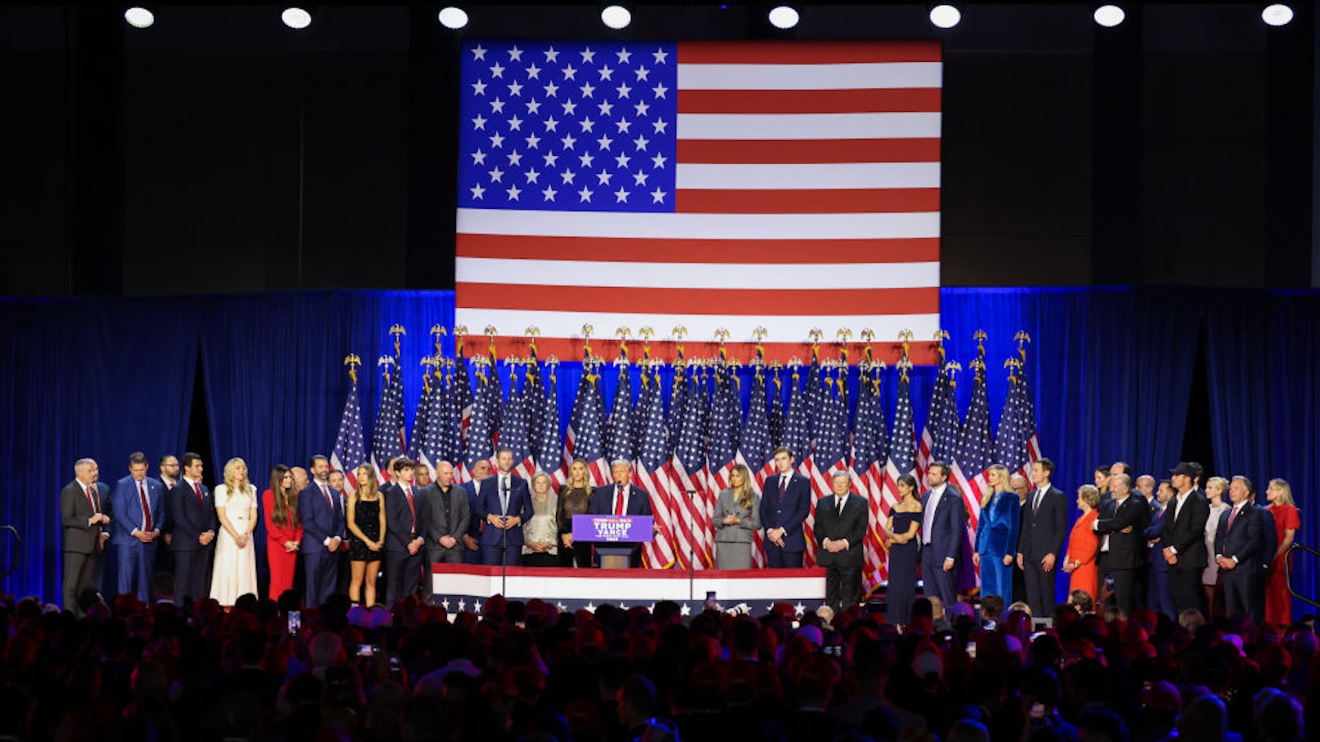 FLORIDA, UNITED STATES - NOVEMBER 06: Former US President and Republican presidential candidate Donald Trump makes a speech during an election night event at the Palm Beach Convention Center in West Palm Beach, Florida, United States, on November 06, 2024.