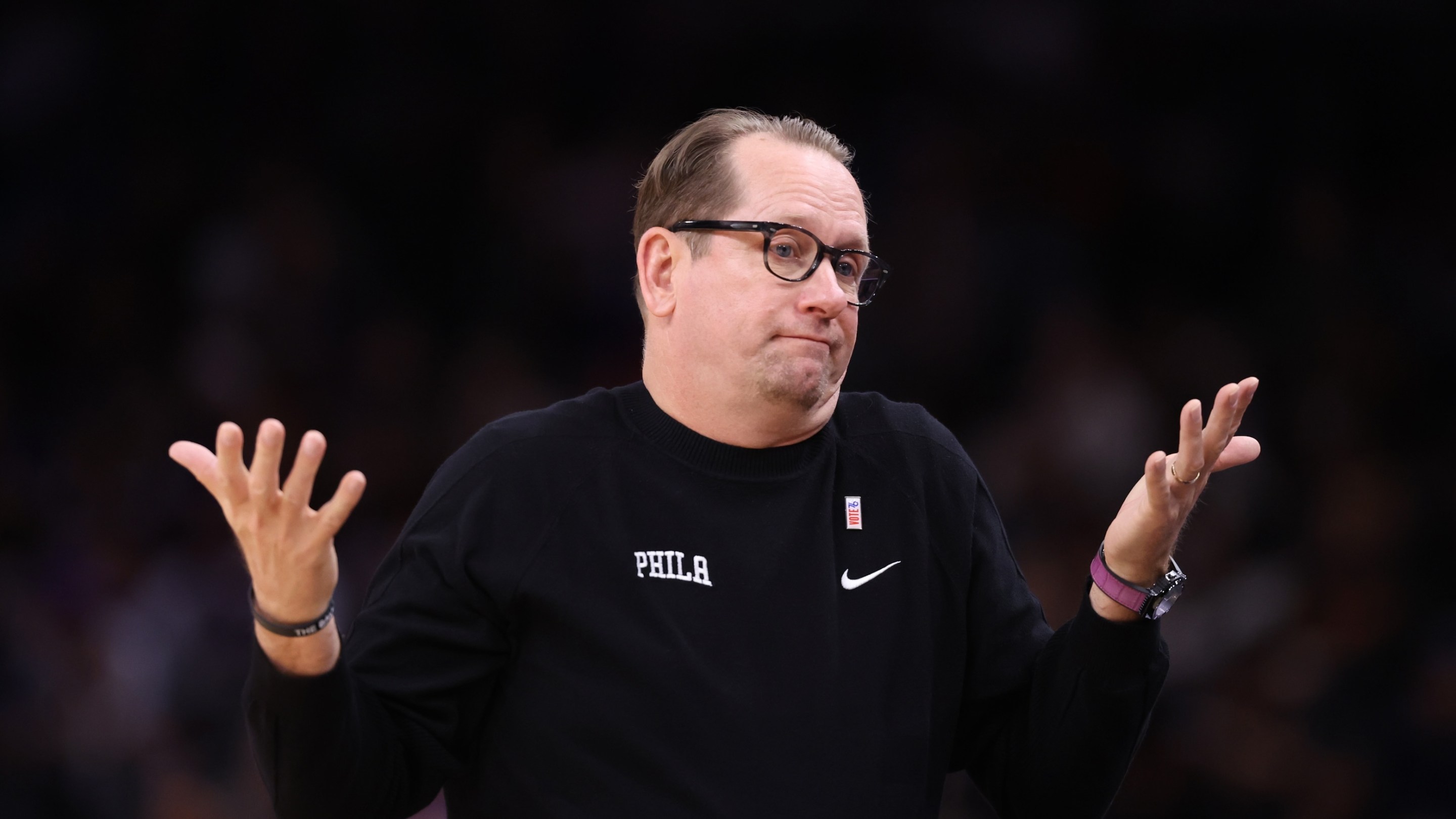 Head coach Nick Nurse of the Philadelphia 76ers reacts after a foul call during the first half against the Phoenix Suns on November 4, 2024.