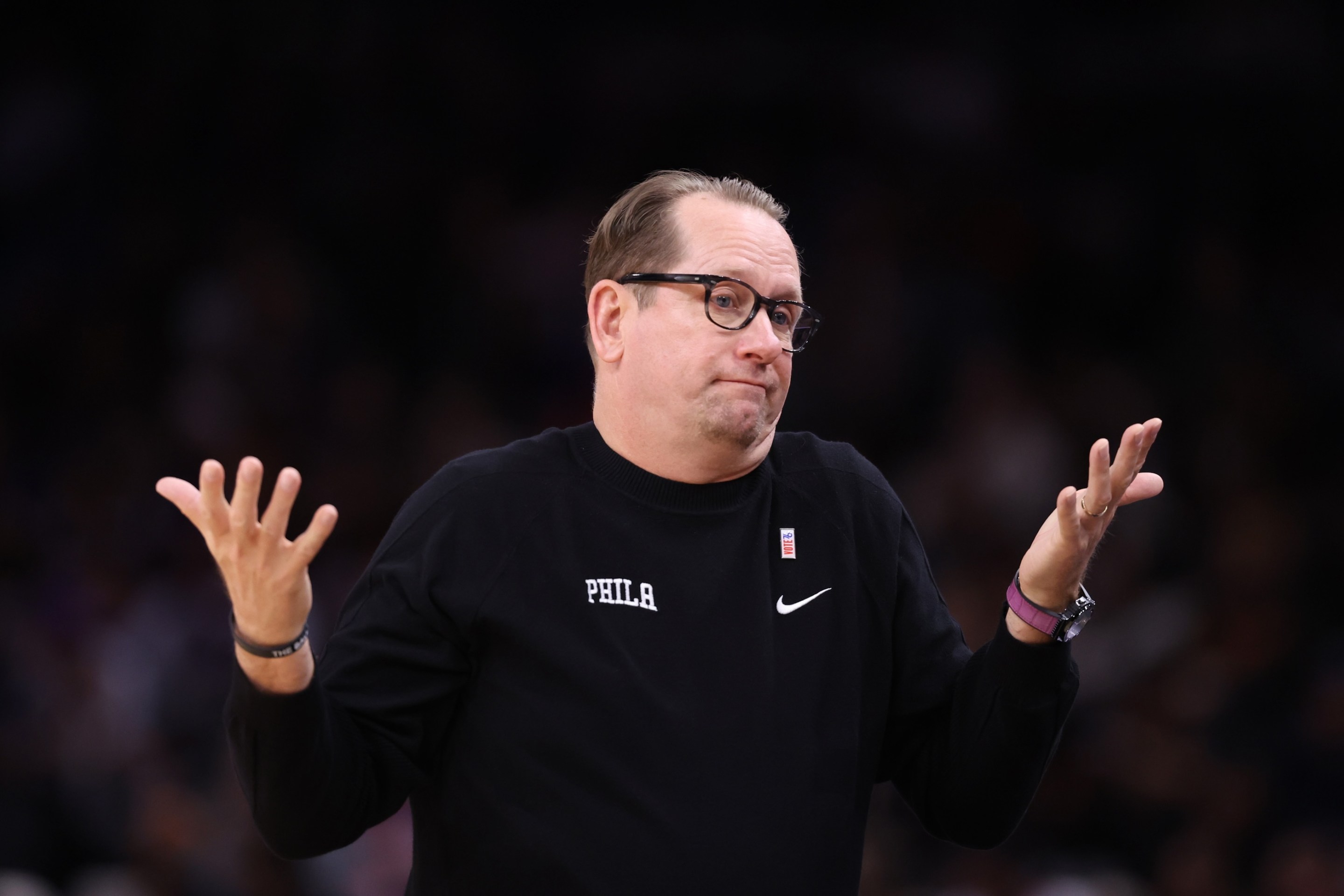 Head coach Nick Nurse of the Philadelphia 76ers reacts after a foul call during the first half against the Phoenix Suns on November 4, 2024.