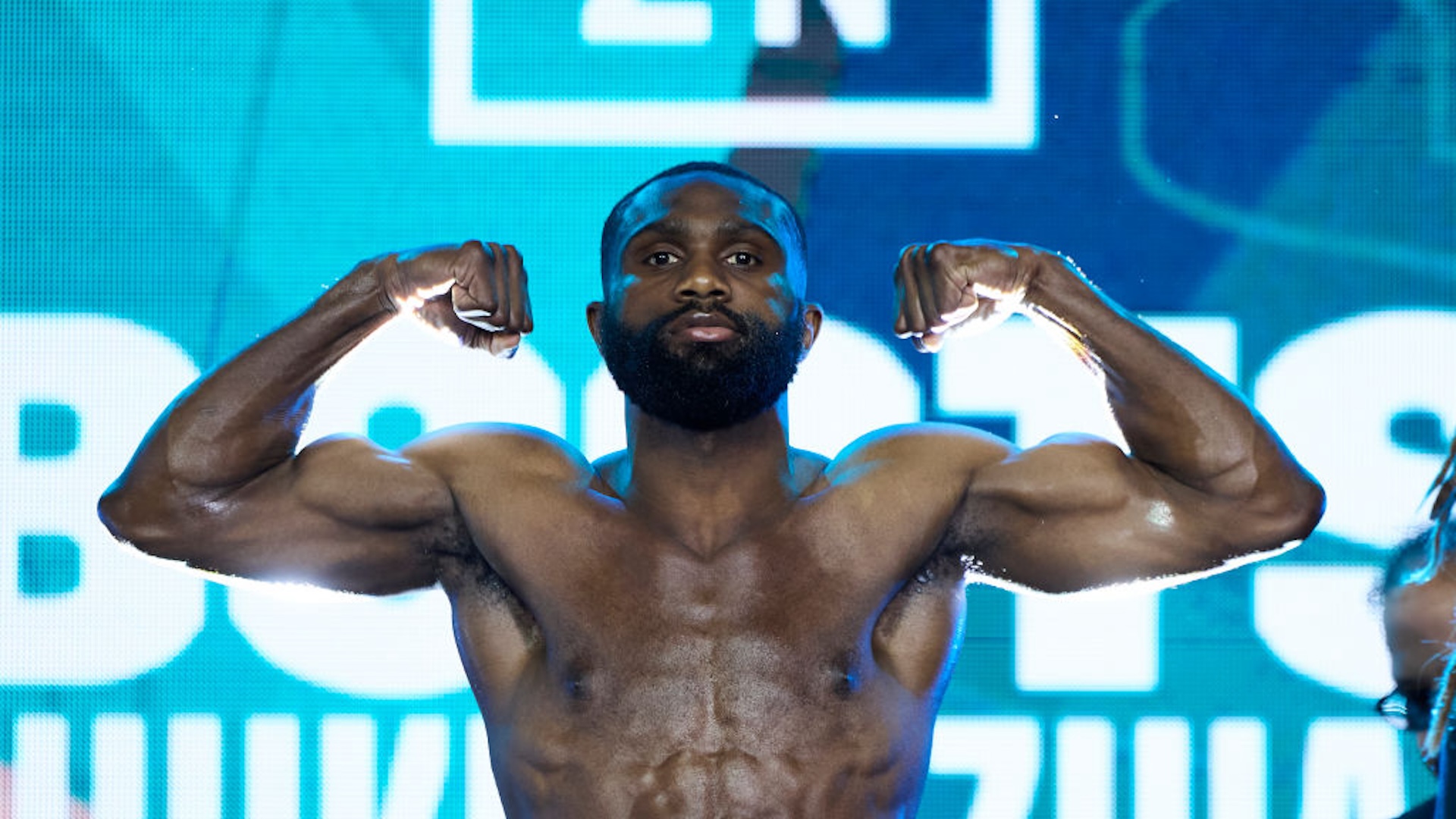 PHILADELPHIA, PENNSYLVANIA - NOVEMBER 8: Jaron ‘Boots’ Ennis poses during the weigh in ahead of his November 9th IBF World Welterweight title fight against Karen Chukhadzhian at 2300 Arena on November 8, 2024 in Philadelphia, Pennsylvania. (