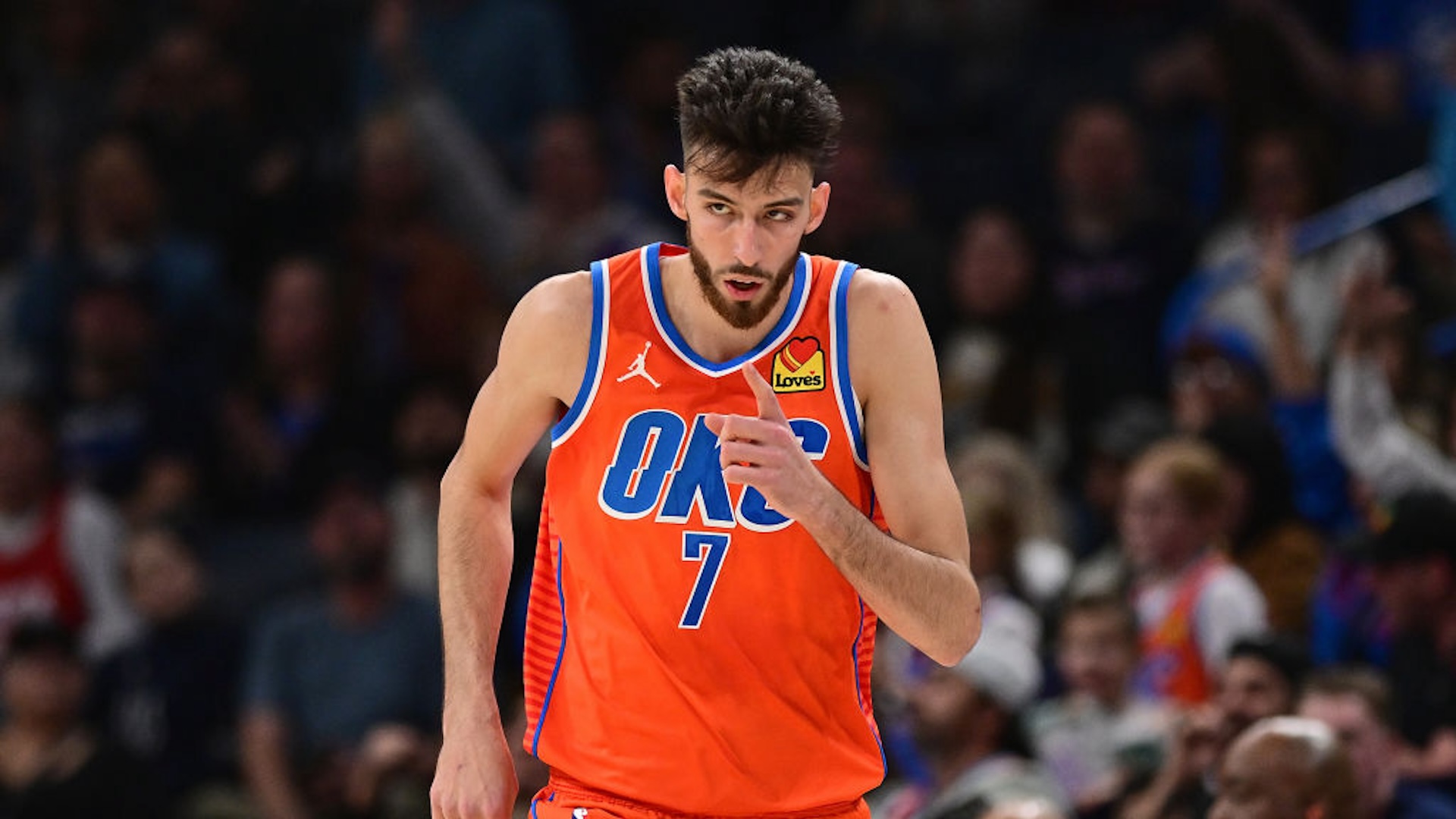 OKLAHOMA CITY, OKLAHOMA - NOVEMBER 8: Chet Holmgren #7 of the Oklahoma City Thunder reacts after a made basket during the first half against the Houston Rockets at Paycom Center on November 8, 2024 in Oklahoma City, Oklahoma. NOTE TO USER: User expressly acknowledges and agrees that, by downloading and or using this photograph, User is consenting to the terms and conditions of the Getty Images License Agreement.