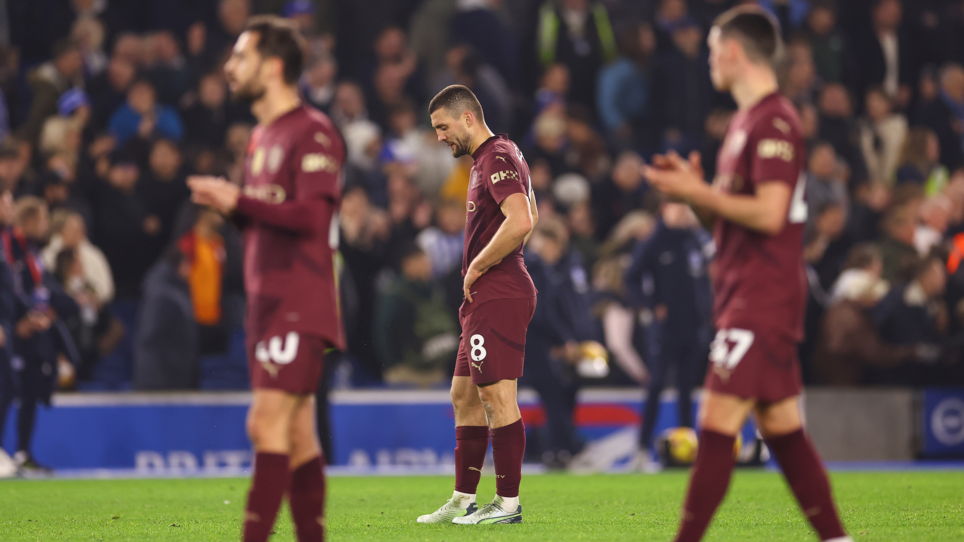 Mateo Kovacic of Manchester City reacts after they lose the match during the Premier League match between Brighton &amp; Hove Albion FC and Manchester City FC at Amex Stadium on November 9, 2024 in Brighton, England.