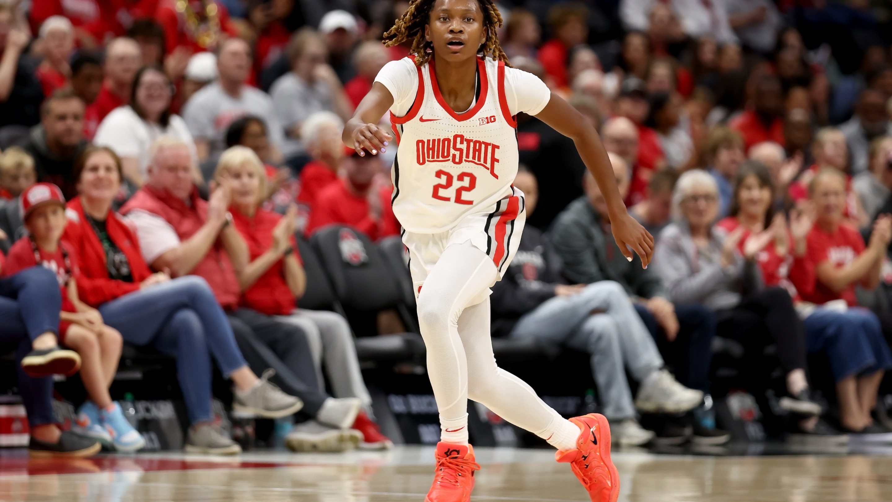 Jaloni Cambridge #22 of the Ohio State Buckeyes stands on the court during the game against the Cleveland State Vikings at Value City Arena on November 5, 2024 in Columbus, Ohio.