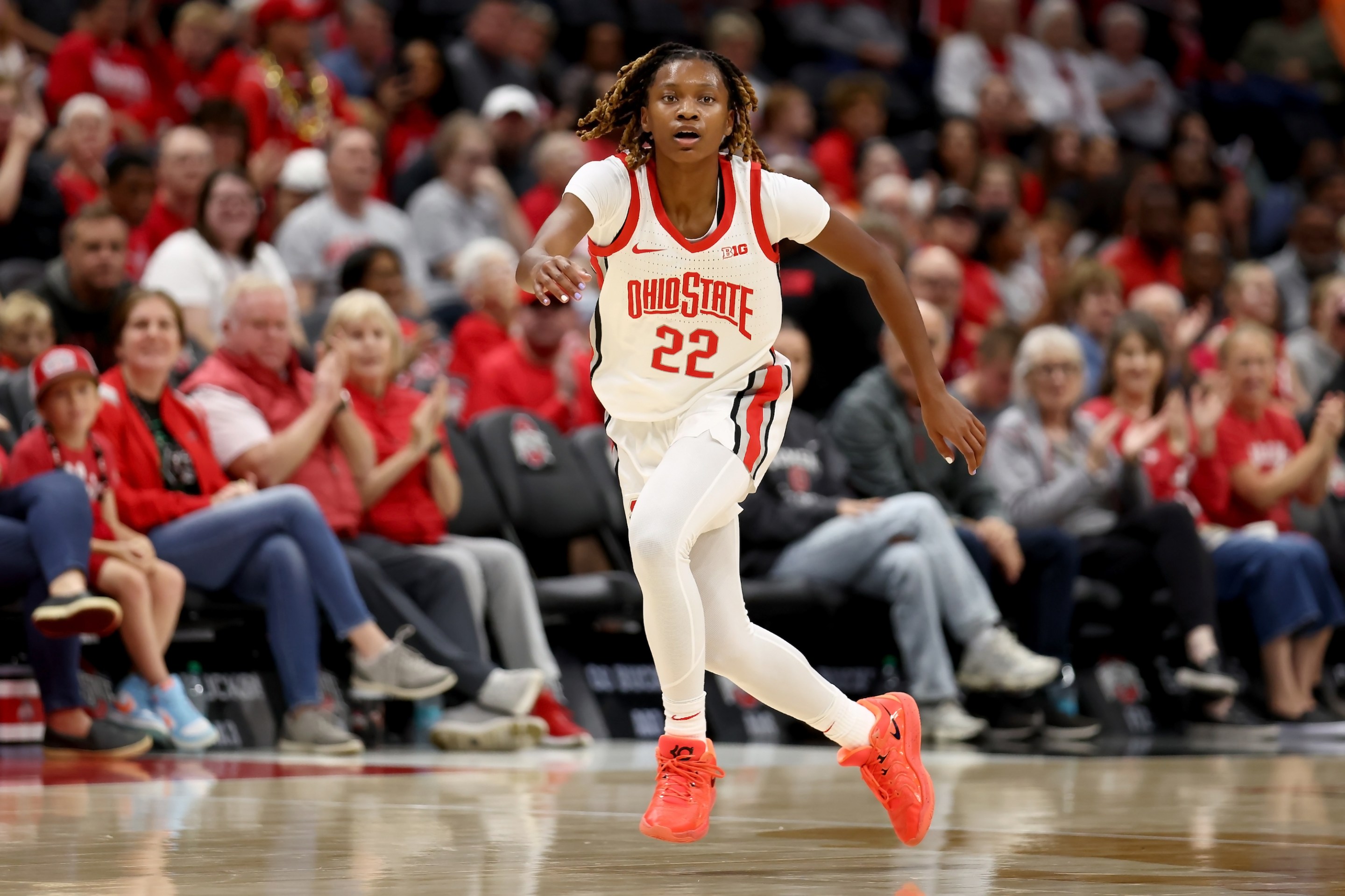 Jaloni Cambridge #22 of the Ohio State Buckeyes stands on the court during the game against the Cleveland State Vikings at Value City Arena on November 5, 2024 in Columbus, Ohio.