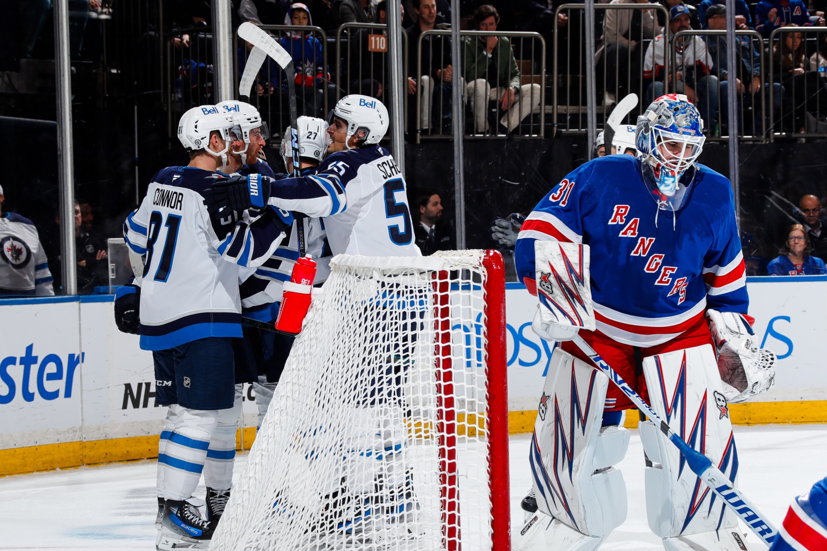 NEW YORK, NEW YORK - NOVEMBER 12: Gabriel Vilardi #13 of the Winnipeg Jets celebrates with teammates after scoring a goal in the second period against the New York Rangers at Madison Square Garden on November 12, 2024 in New York City. (Photo by Jared Silber/NHLI via Getty Images)