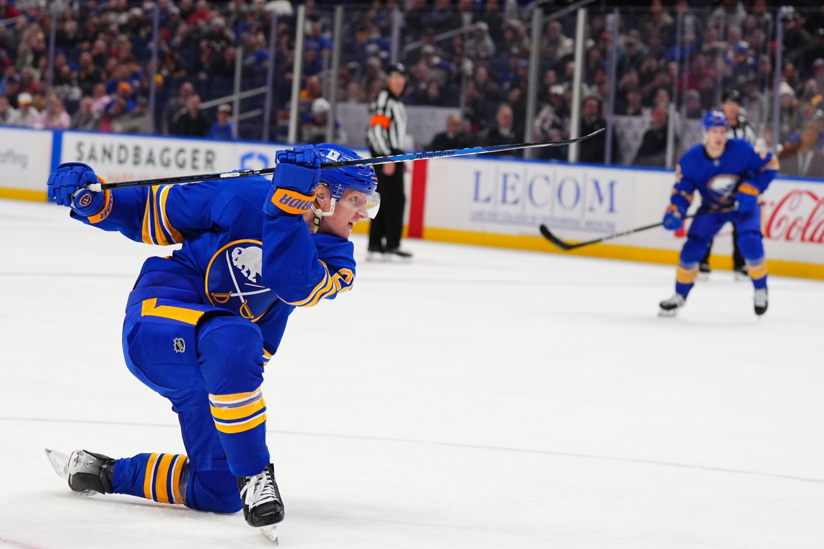 BUFFALO, NEW YORK - NOVEMBER 14: Rasmus Dahlin #26 of the Buffalo Sabres scores the over time winning goal during an NHL game on November 14, 2024 at KeyBank Center in Buffalo, New York. (Photo by Chris Conaway Jr./NHLI via Getty Images)