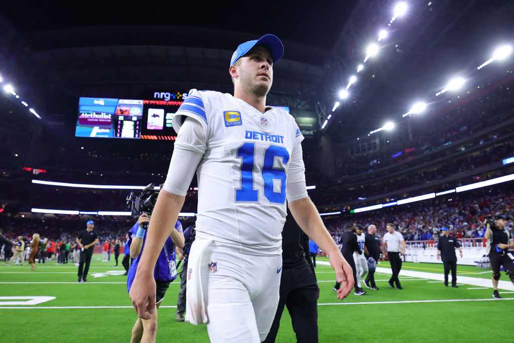 Jared Goff walks off the field after a win