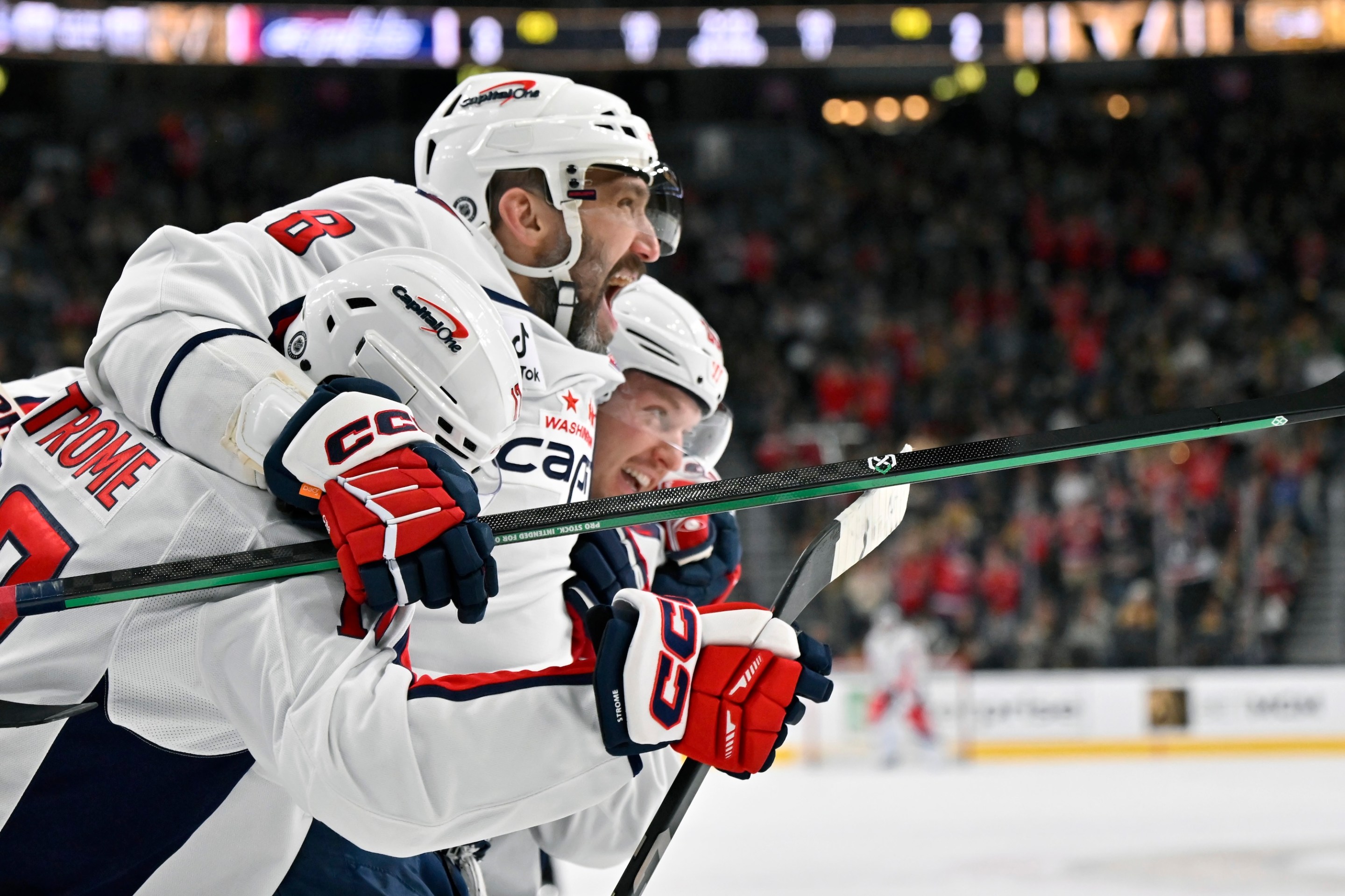 LAS VEGAS, NEVADA - NOVEMBER 17: Alex Ovechkin #8 of the Washington Capitals celebrates his goal against the Vegas Golden Knights during the second period at T-Mobile Arena on November 17, 2024 in Las Vegas, Nevada. (Photo by David Becker/NHLI via Getty Images)