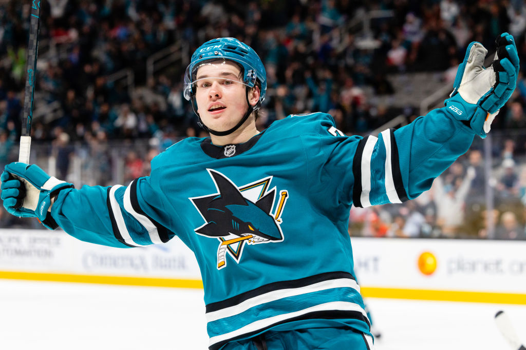 Macklin Celebrini celebrates after scoring an overtime game winner