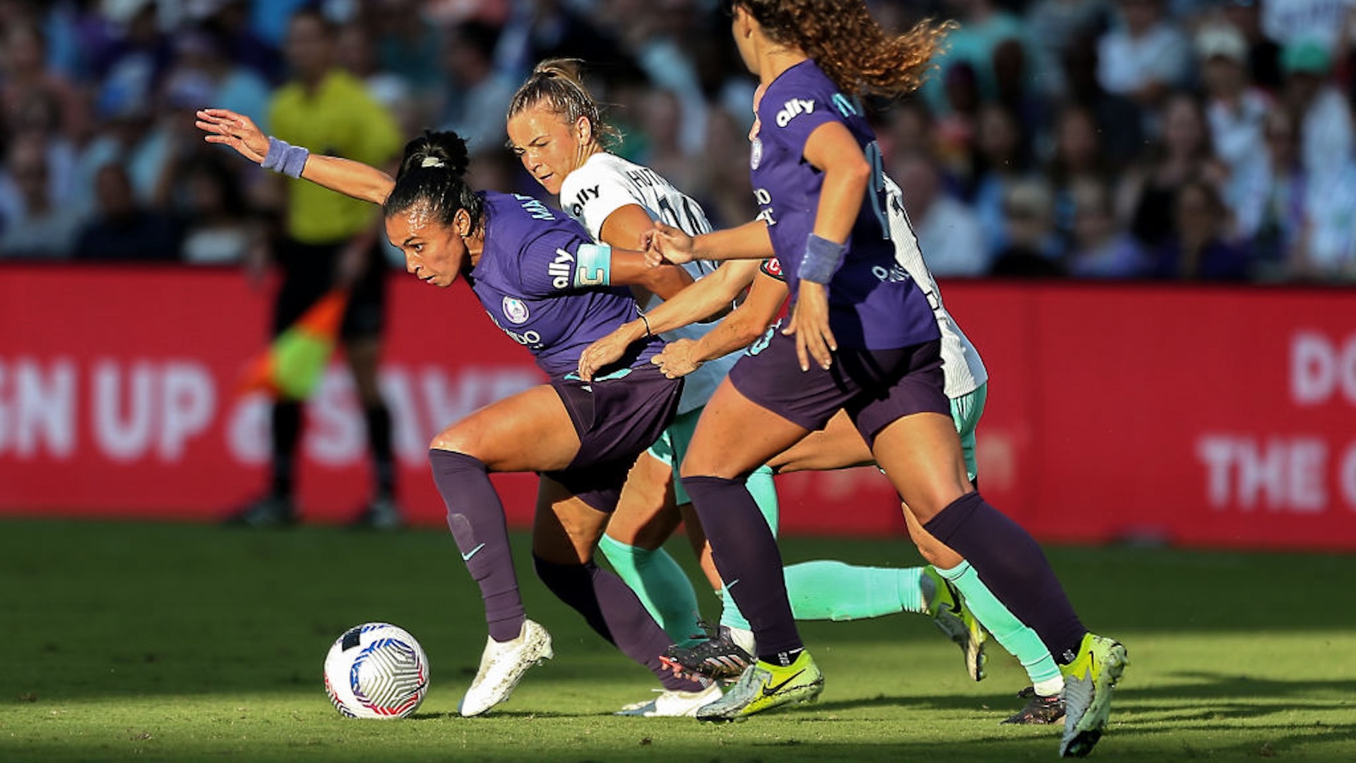 Marta #10 of Orlando Pride battles during the NWSL Playoff Semifinals between Orlando City v Kansas City Current at Inter&amp;Co Stadium on November 17, 2024 in Orlando, Florida.