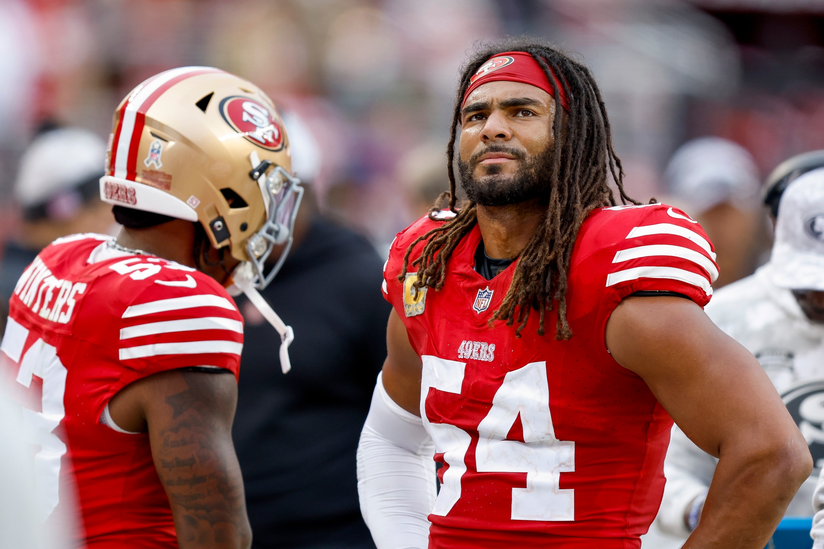 The San Francisco 49ers looks on during the fourth quarter of a game against the Seattle Seahawks at Levi's Stadium on November 17, 2024. He looks kind of frustrated.