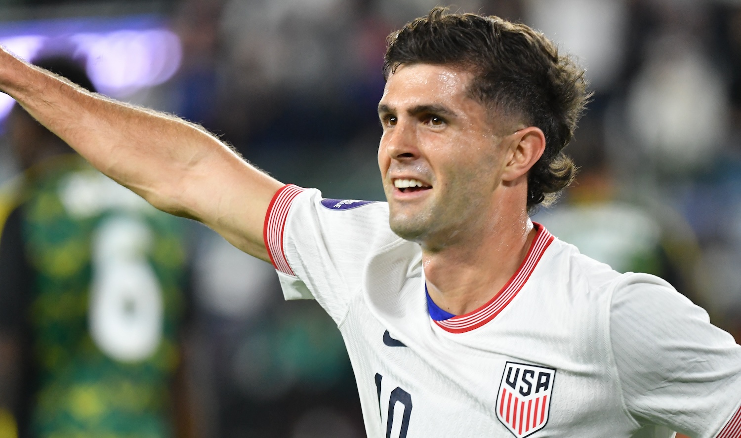 ST LOUIS, MISSOURI - NOVEMBER 18: Christian Pulisic #10 of the United States celebrates scoring during the first half against Jamaica leg two of the 2024 Concacaf Nations League Quarterfinals at Citypark on November 18, 2024 in St Louis, Missouri.