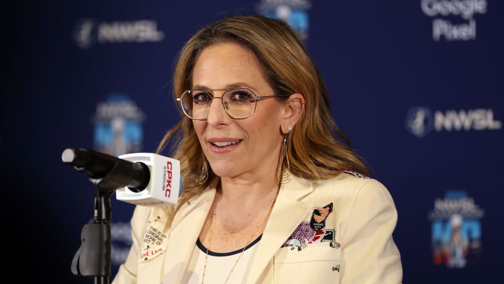 KANSAS CITY, MISSOURI - NOVEMBER 22: NWSL Commissioner Jessica Berman addresses the media ahead of the NWSL 2024 Championship at CPKC Stadium on November 22, 2024 in Kansas City, Missouri.