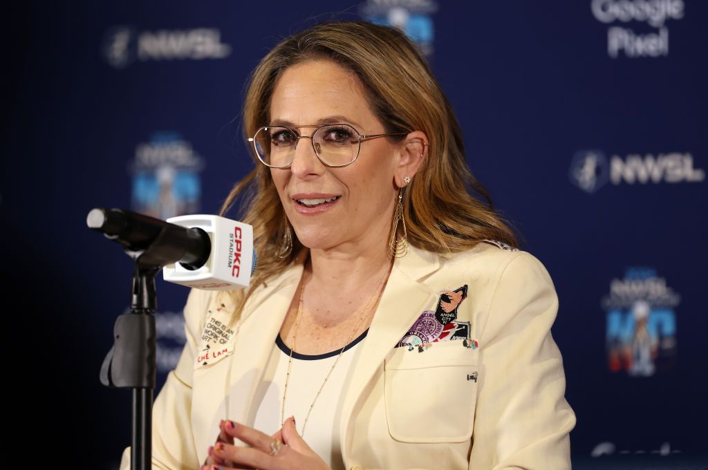 KANSAS CITY, MISSOURI - NOVEMBER 22: NWSL Commissioner Jessica Berman addresses the media ahead of the NWSL 2024 Championship at CPKC Stadium on November 22, 2024 in Kansas City, Missouri.