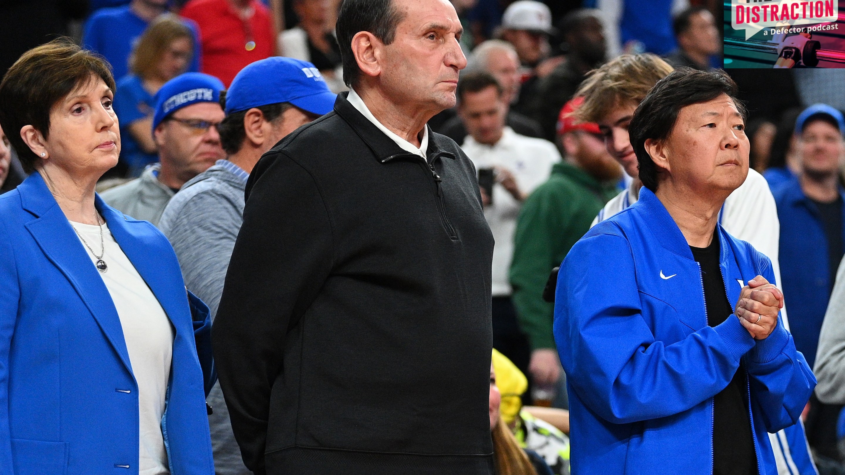 Former Duke Head Coach Mike Krzyzewski, his wife Mickie, and Actor Ken Jeong look on in the final seconds of the Terry's Chocolate Vegas Showdown college basketball game between Duke Blue Devils vs Kansas Jayhawks on November 26, 2024.