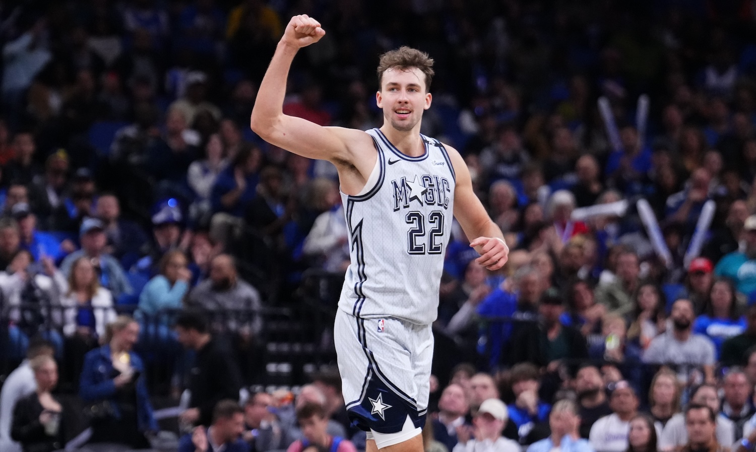 ORLANDO, FLORIDA - NOVEMBER 23: Franz Wagner #22 of the Orlando Magic reacts during the third quarter against the Detroit Pistons at Kia Center on November 23, 2024 in Orlando, Florida. NOTE TO USER: User expressly acknowledges and agrees that, by downloading and/or using this photograph, user is consenting to the terms and conditions of the Getty Images License Agreement. (Photo by Rich Storry/Getty Images)