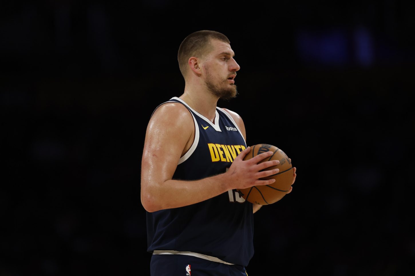 Nikola Jokic #15 of the Denver Nuggets in the first half at Crypto.com Arena on November 23, 2024 in Los Angeles, California.