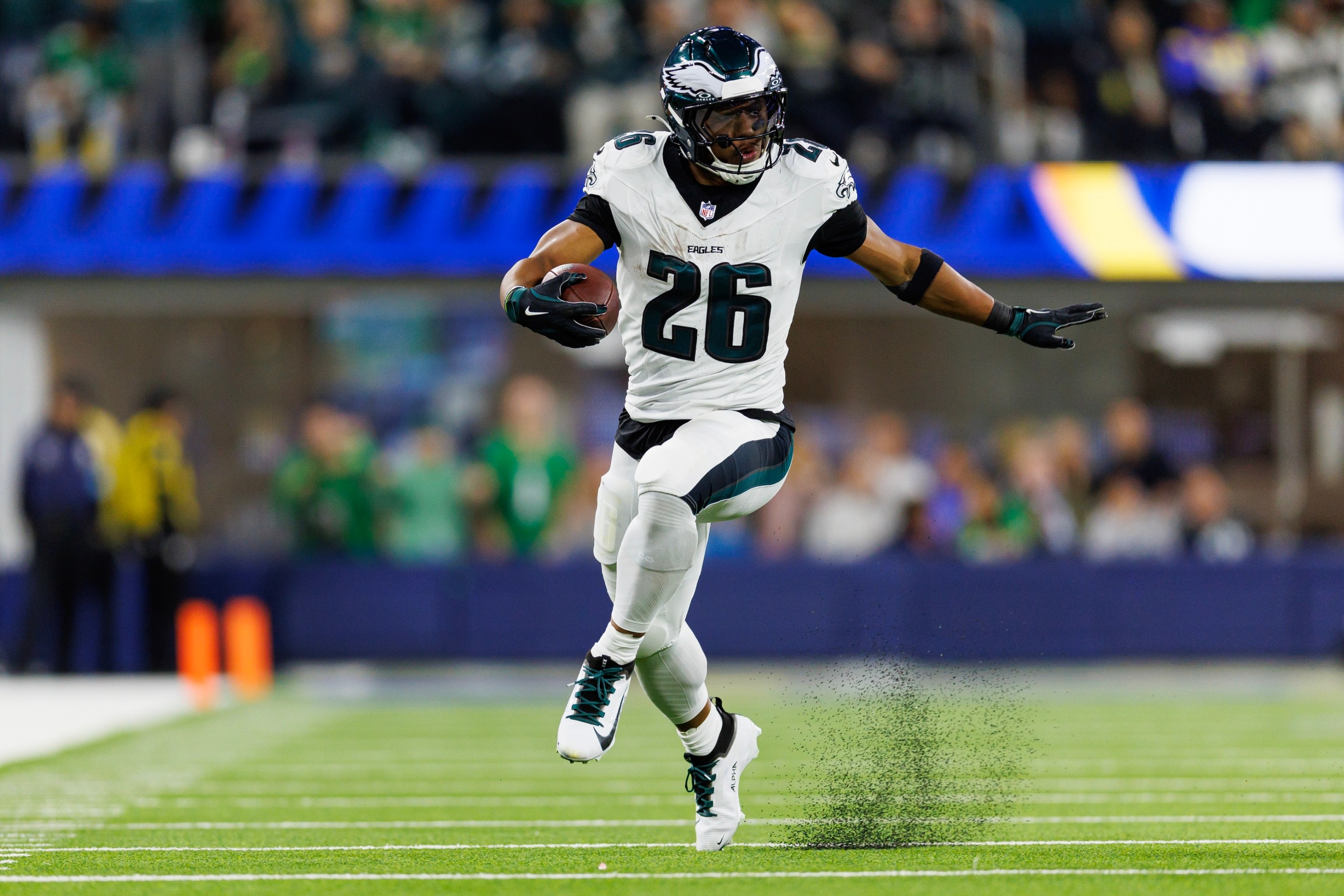 ia Eagles carries the ball during the first half of an NFL football game against the Los Angeles Rams, at SoFi Stadium on November 24, 2024.