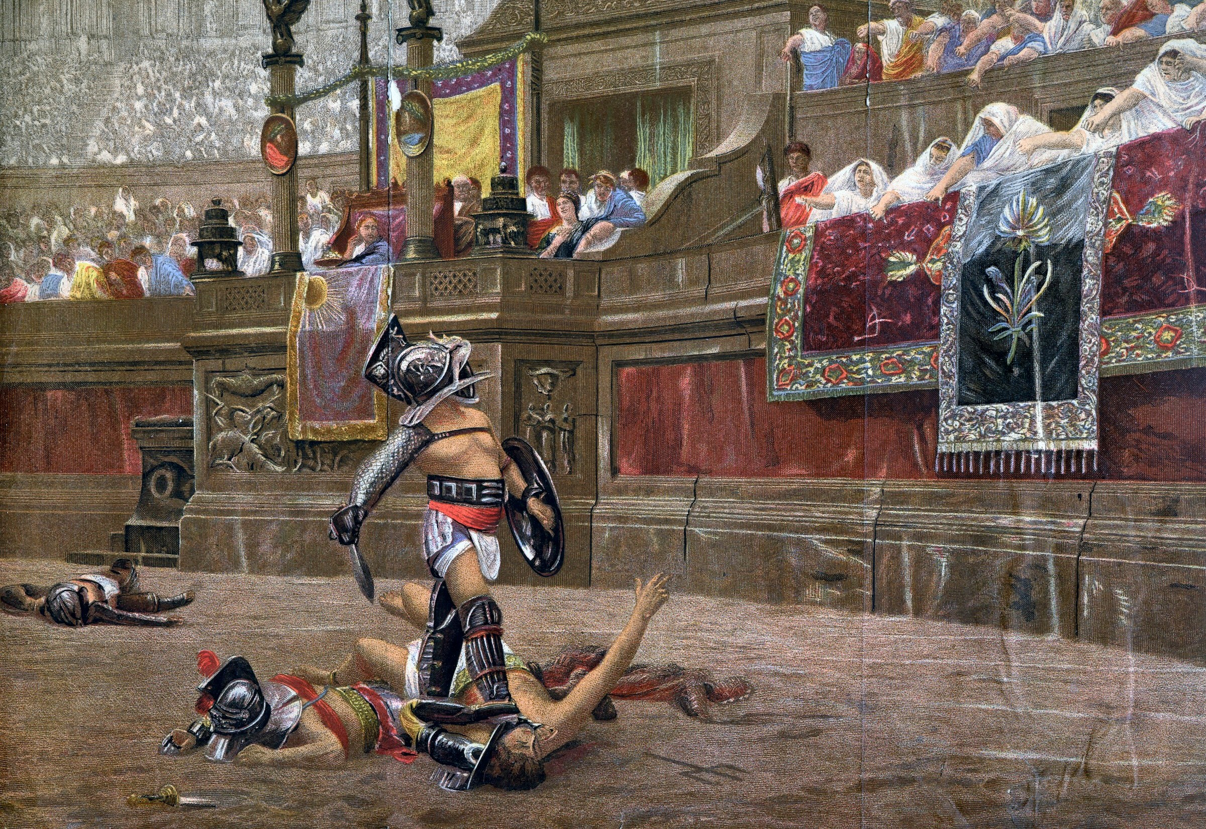 'With a Turned Thumb', (Pollice Verso), 1872. A victorious Roman gladiator awaiting the verdict of the Emperor. After the painting by Jean-Leon Gerome. (Photo by The Print Collector/Print Collector/Getty Images)