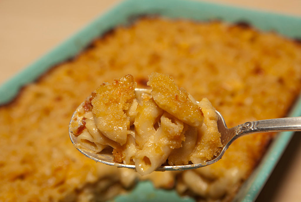 A dish filled with baked macaroni and cheese