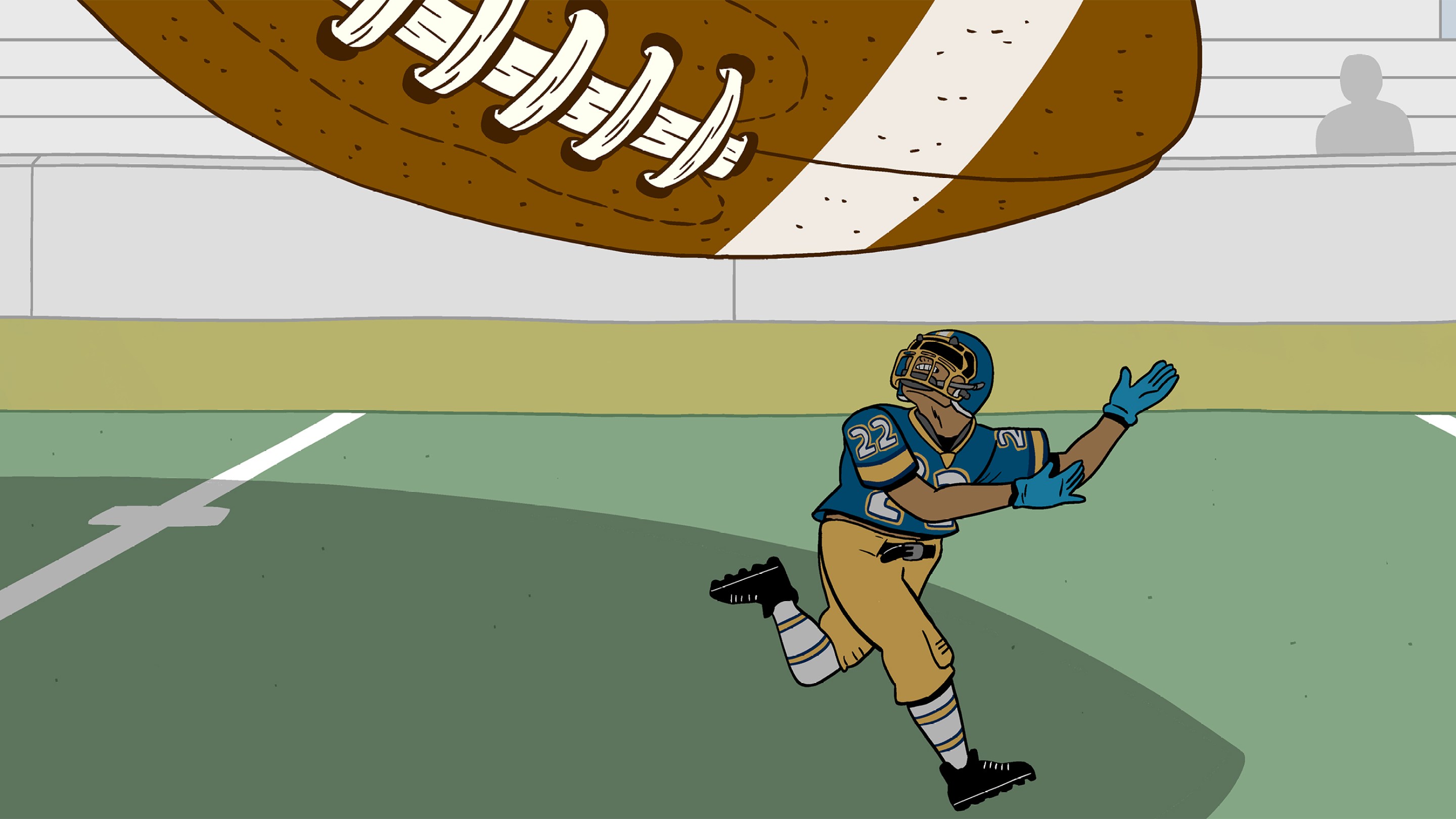 An illustration depicting high school football player attempting to catch a gigantic football