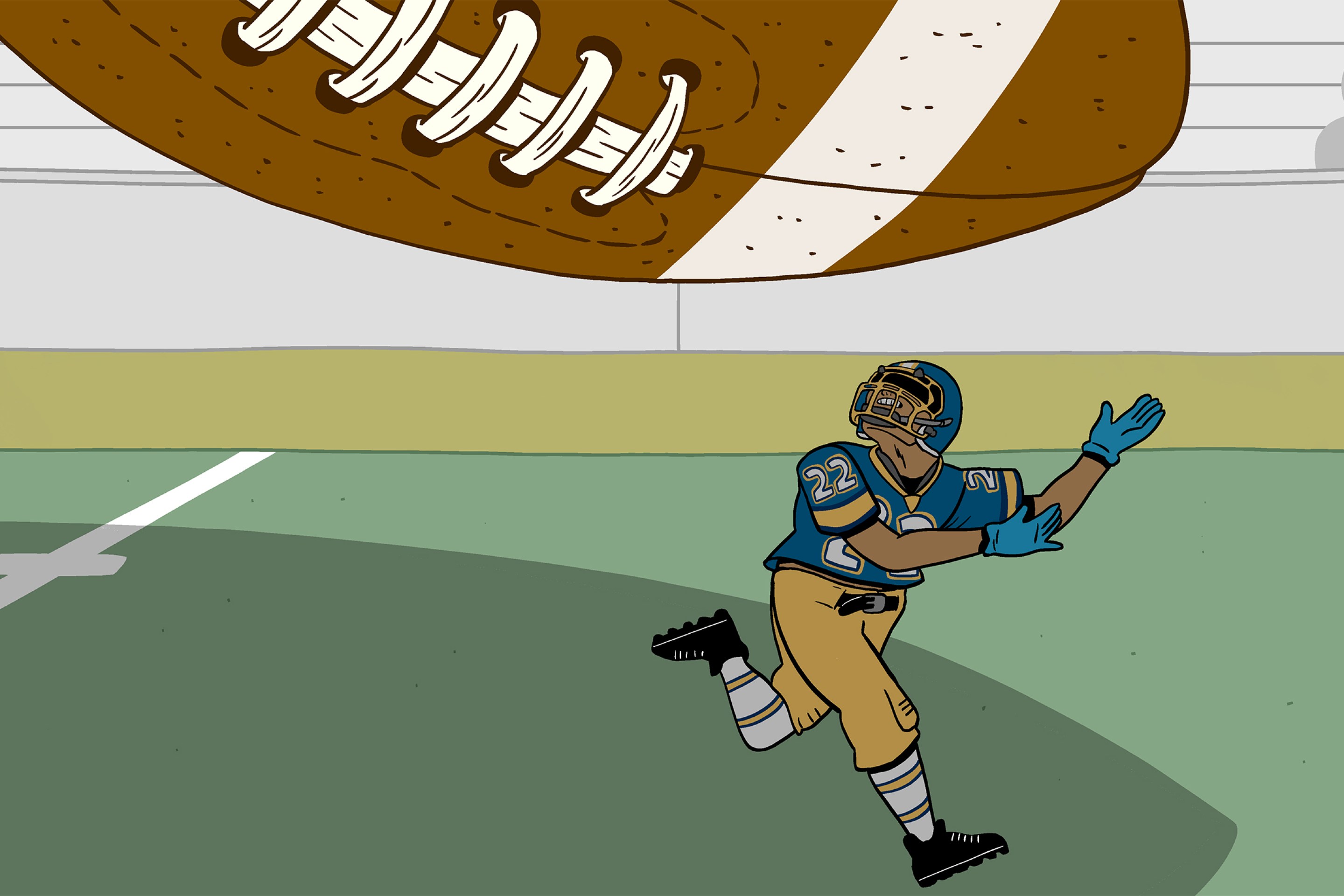 An illustration depicting high school football player attempting to catch a gigantic football