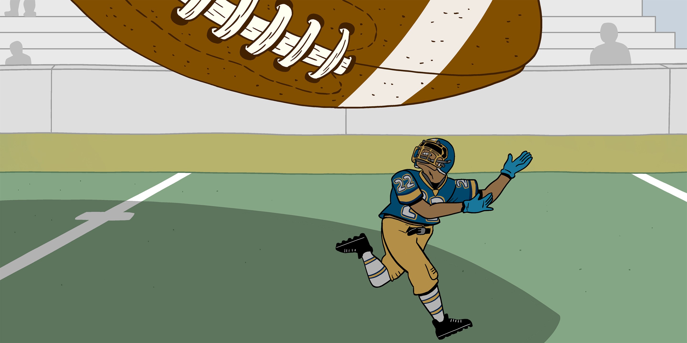 An illustration depicting high school football player attempting to catch a gigantic football