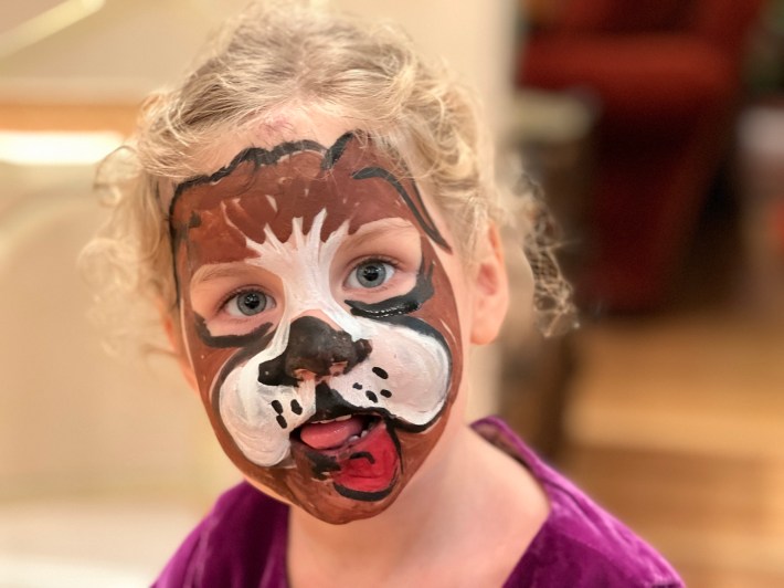 A child with her face painted like a dog.