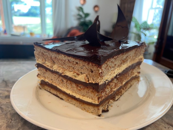 A trimmed and relatively neat opera cake.