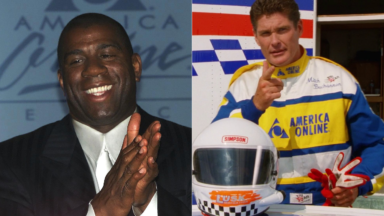 Split image of Magic Johnson rubbing his hands in front of the AOL logo. Other side is David Hasselhoff, as Mitch Buchannon in Baywatch, pointing while in an America Online NASCAR racing suit