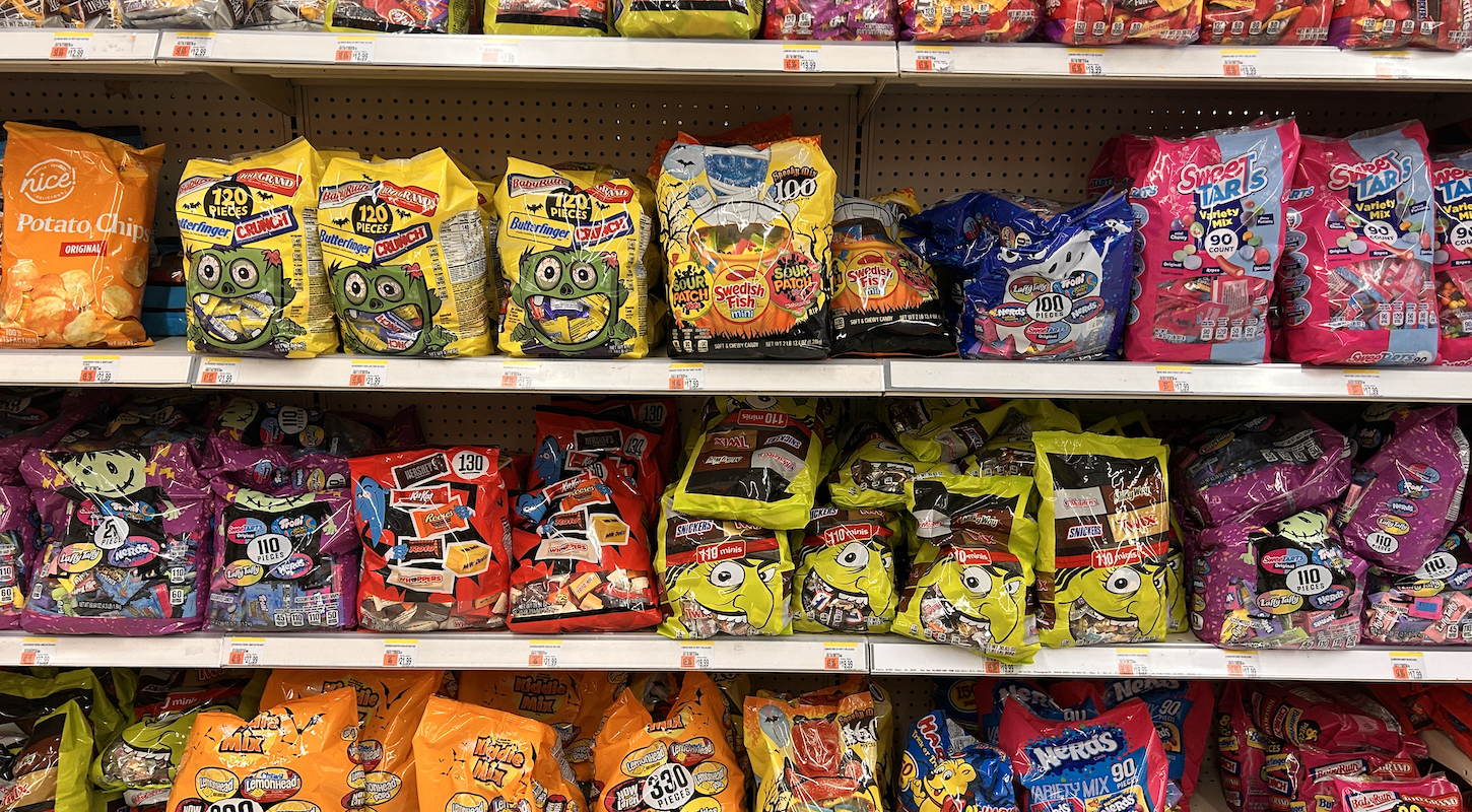 Large bags of Halloween candy for sale in Walgreens pharmacy, Queens, New York.