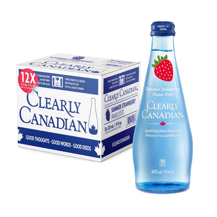 A box of Clearly Canadian sparking water with a bottle of Clearly Canadian sparkling water in front of it. The box is a box with blue trim and white text. The bottle is blue, too, with a clear liquid inside, and a strawberry on the front saying it's "Summer Strawberry" flavor. On the bottle it says CLEARLY CANADIAN. It also has some french.