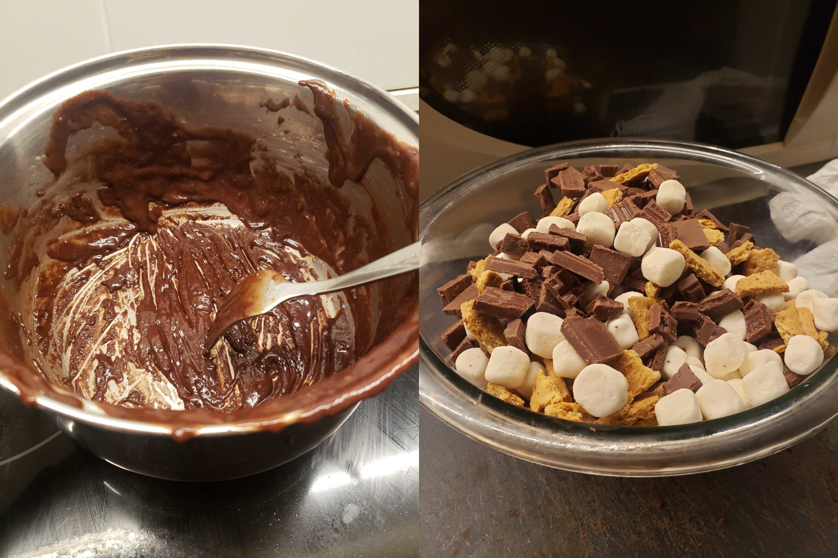 the remains of brownie batter in a pot and s'mores toppigs in a bowl