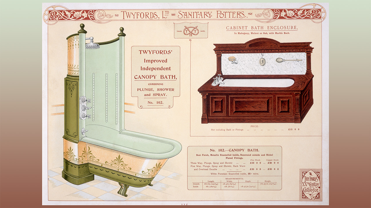 Color print of late Victorian marketing for bathroom and sanitary equipment. It's for Twyford’s Improved Independent Canopy Bath combining plunge, shower, and spray. There is also a Cabinet Bath Enclosure that looks like a coffin (and also a cabinet, I guess)