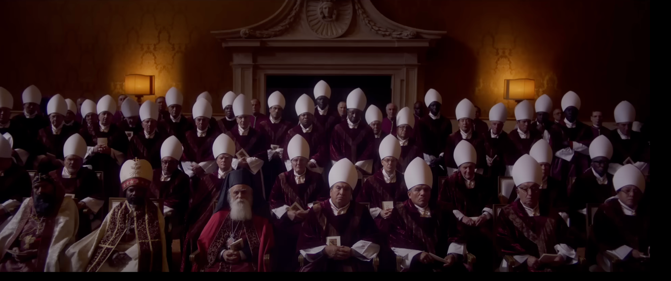 A bunch of Cardinals sit in their pointy white hats in a screengrab from Edward Berger's 2024 film Conclave.