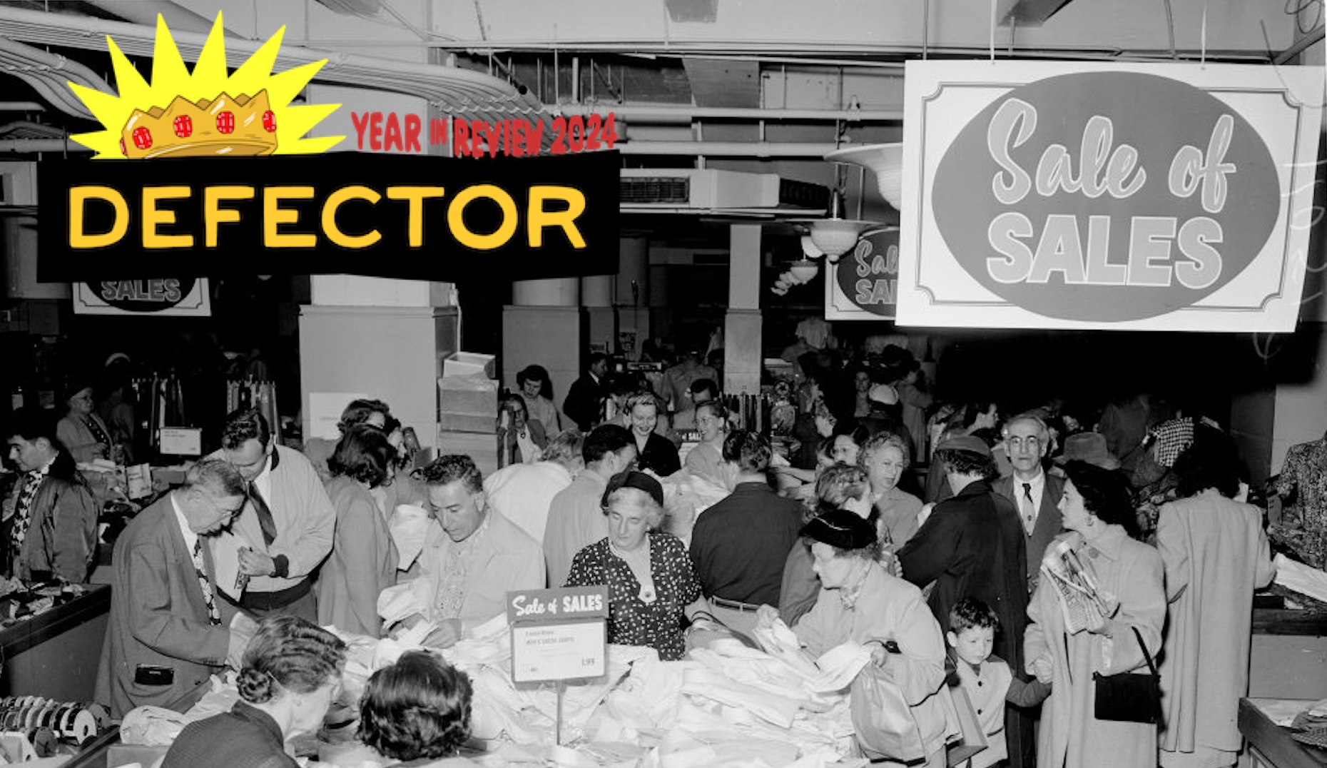 May Company Basement Sale, 1 March 1954. Crowd at May Company Basement Sale.;Caption slip reads: 'Photographer: McCarty. Date: 154-03-01. Reporter: Scott. Assignment: May Co. Basement Sale. 1/2/46/76/35/72/71/69/70/75: Crowd at May Co. Basement Sale'..