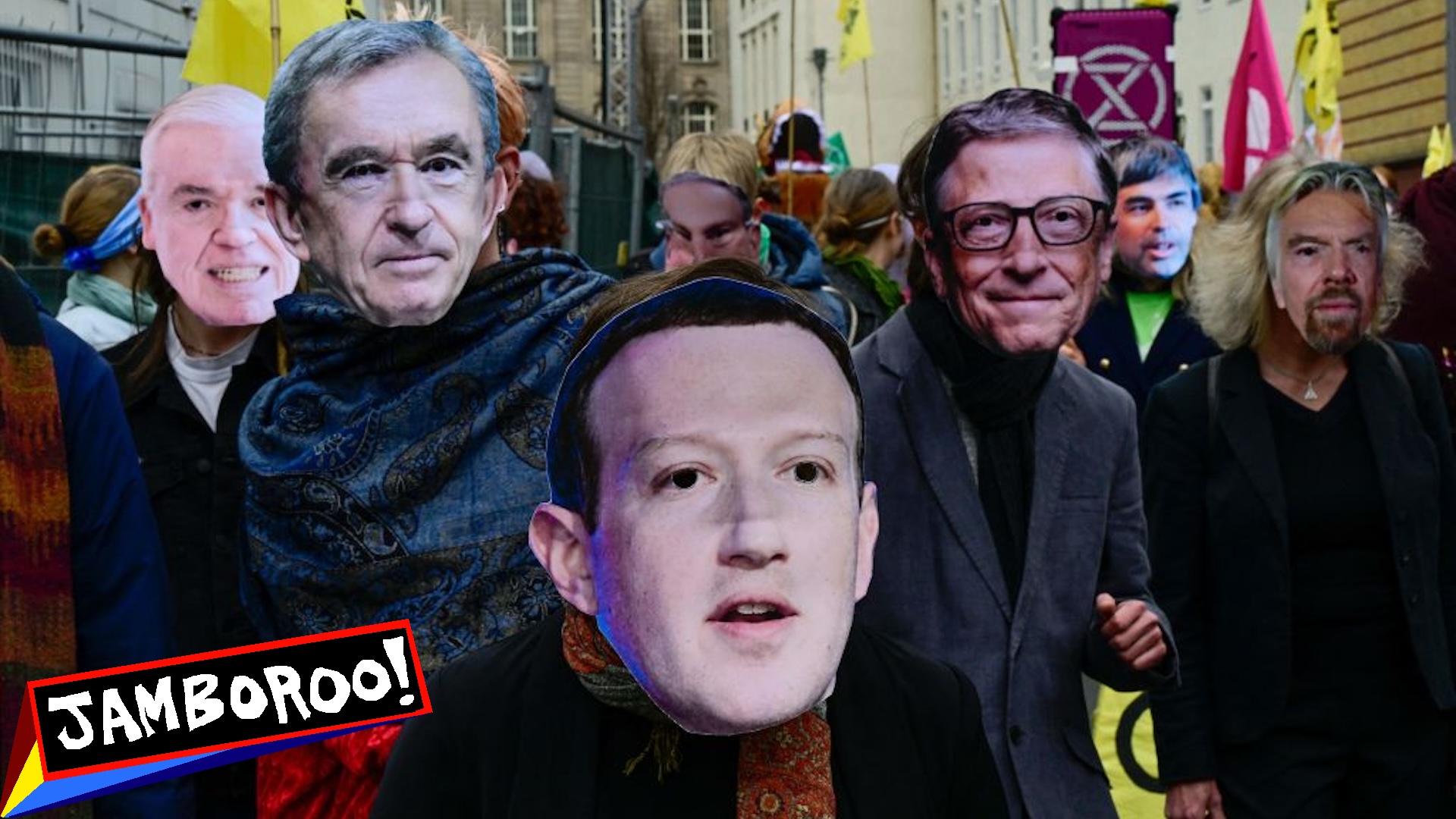 Climate activists of Extinction Rebellion wearing masks of company CEOs including LVMH's Bernard Arnault (2nd L) Facebook's Mark Zuckerberg (C), Microsoft founder Bill Gates (2ndR) and Virgin Group founder Sir Richard Branson (R) take part in a demonstration in Berlin on April 13, 2023. (Photo by John MACDOUGALL / AFP)