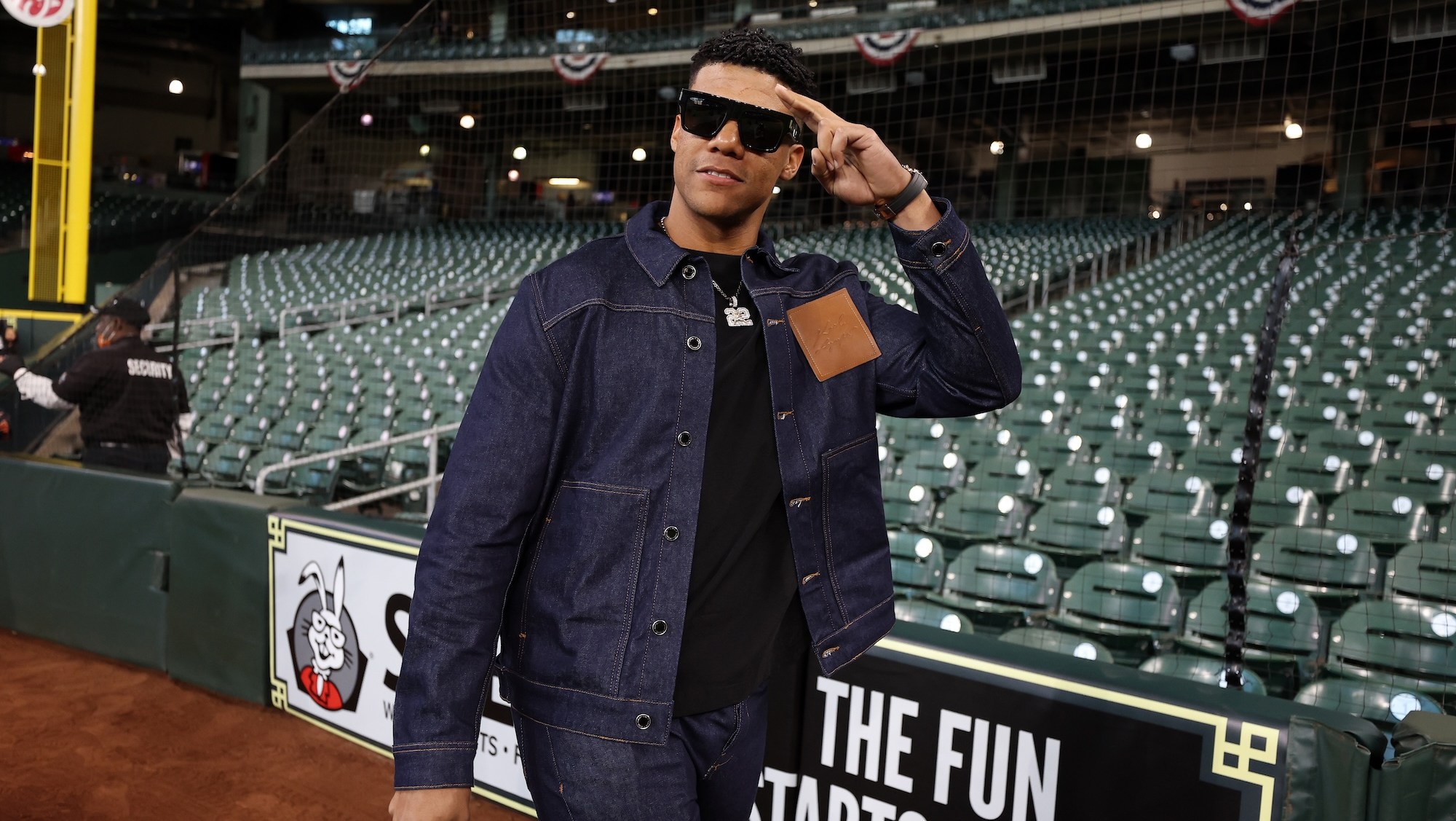 HOUSTON, TEXAS - MARCH 28: Juan Soto #22 of the New York Yankees arrives to the stadium before the Opening Day game against the Houston Astros at Minute Maid Park on March 28, 2024 in Houston, Texas. (Photo by New York Yankees/Getty Images)