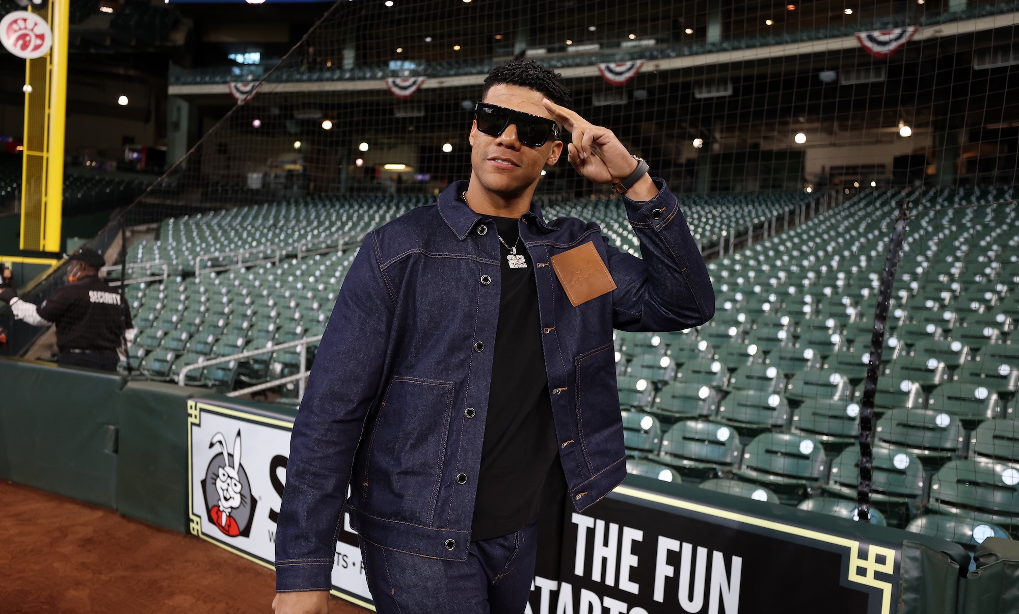 HOUSTON, TEXAS - MARCH 28: Juan Soto #22 of the New York Yankees arrives to the stadium before the Opening Day game against the Houston Astros at Minute Maid Park on March 28, 2024 in Houston, Texas. (Photo by New York Yankees/Getty Images)