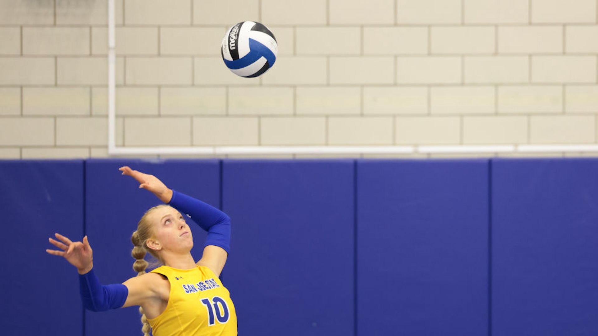 COLORADO SPRINGS, COLORADO - OCTOBER 19: Brooke Slusser #10 of the San Jose State Spartans serves the ball during the first set against the Air Force Falcons at Falcon Court at East Gym on October 19, 2024 in Colorado Springs, Colorado.