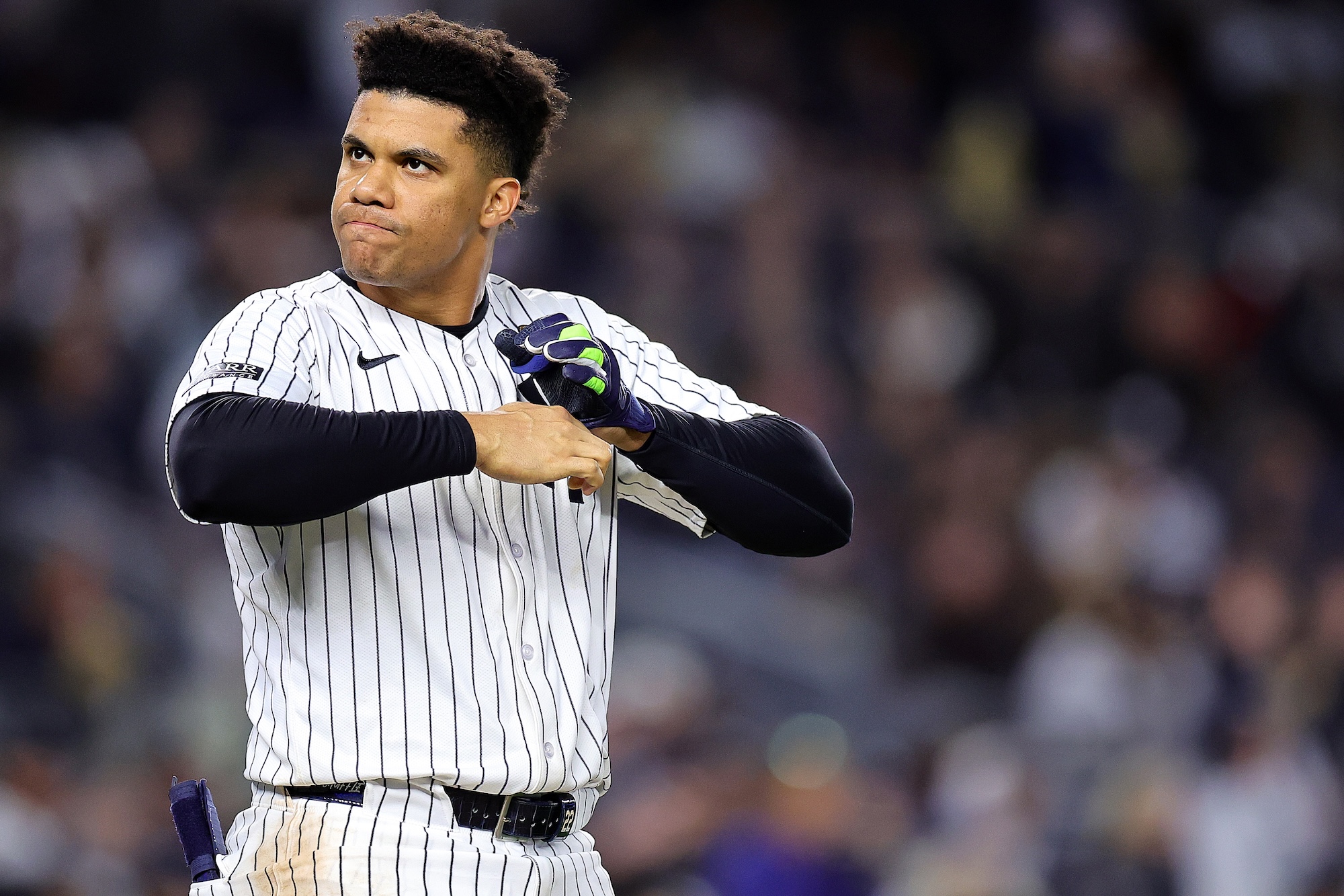 NEW YORK, NEW YORK - OCTOBER 28: Juan Soto #22 of the New York Yankees reacts after grounding out against the Los Angeles Dodgers in the third inning during Game Three of the 2024 World Series at Yankee Stadium on October 28, 2024 in the Bronx borough of New York City. (Photo by Alex Slitz/Getty Images)