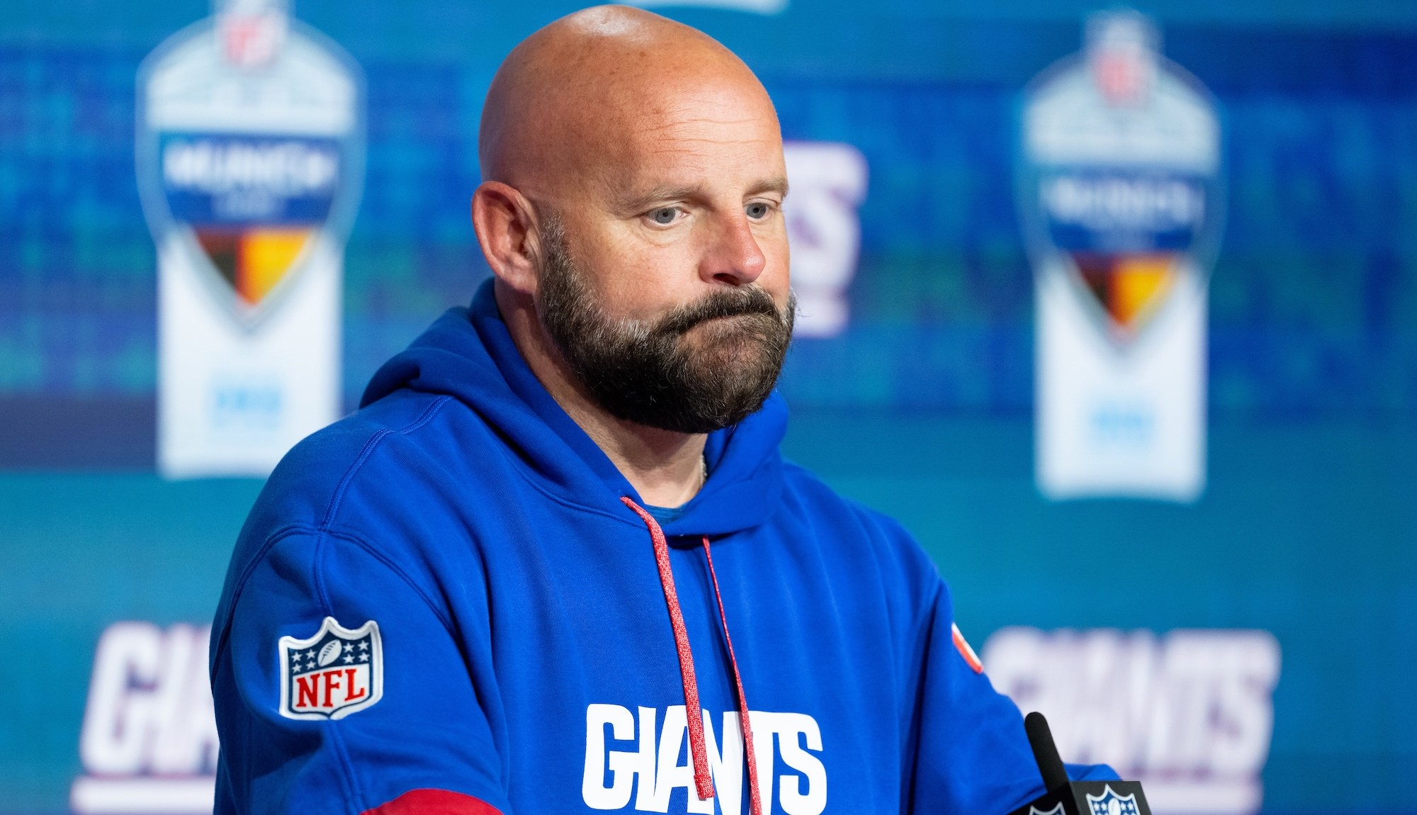 10 November 2024, Bavaria, Munich: American Football, NFL, Carolina Panthers - New York Giants, Matchday 10, Main Round at the Allianz Arena: Coach Brian Daboll of the New York Giants takes part in a press conference after the game. Photo: Sven Hoppe/dpa (Photo by Sven Hoppe/picture alliance via Getty Images)