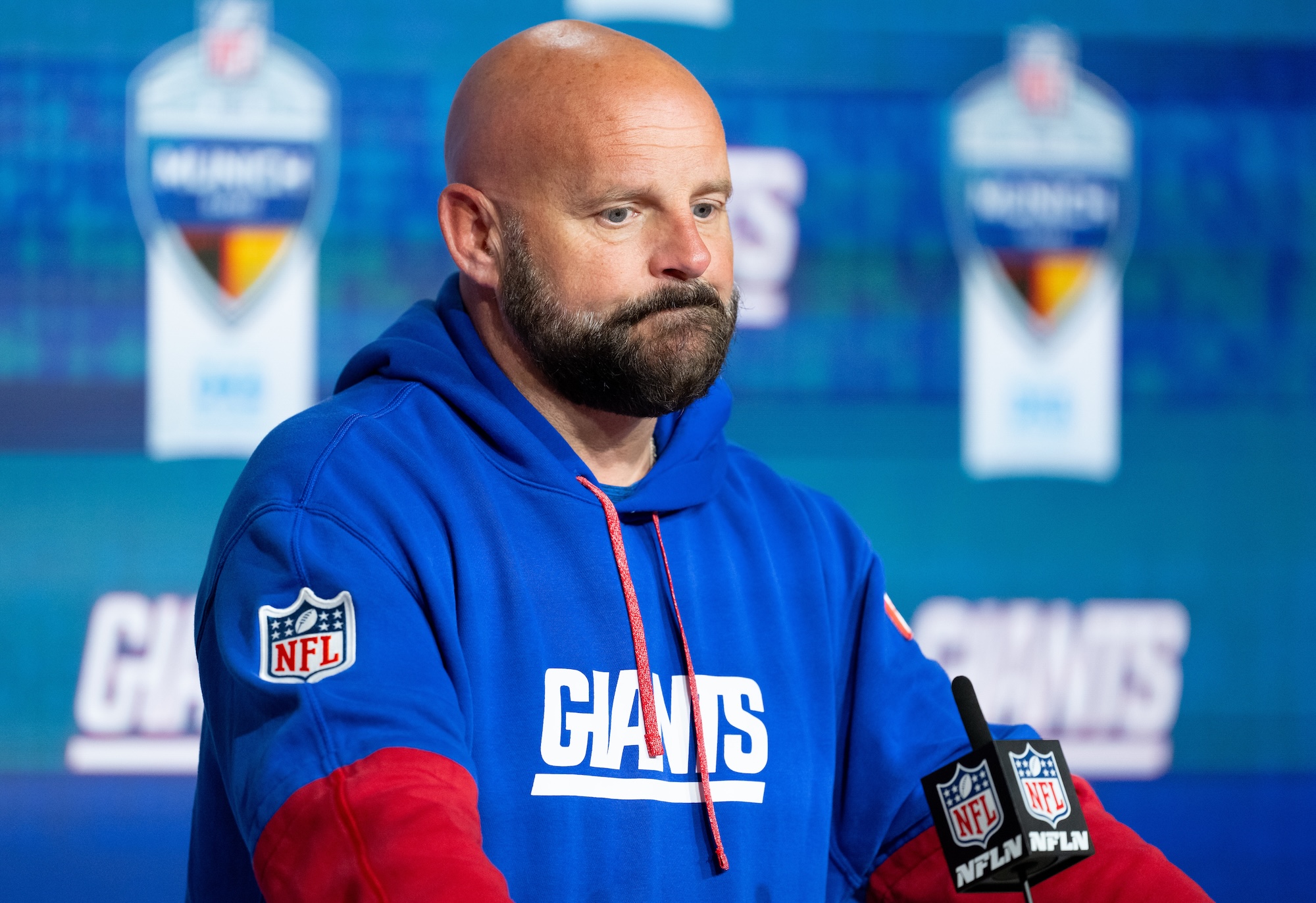 10 November 2024, Bavaria, Munich: American Football, NFL, Carolina Panthers - New York Giants, Matchday 10, Main Round at the Allianz Arena: Coach Brian Daboll of the New York Giants takes part in a press conference after the game. Photo: Sven Hoppe/dpa (Photo by Sven Hoppe/picture alliance via Getty Images)