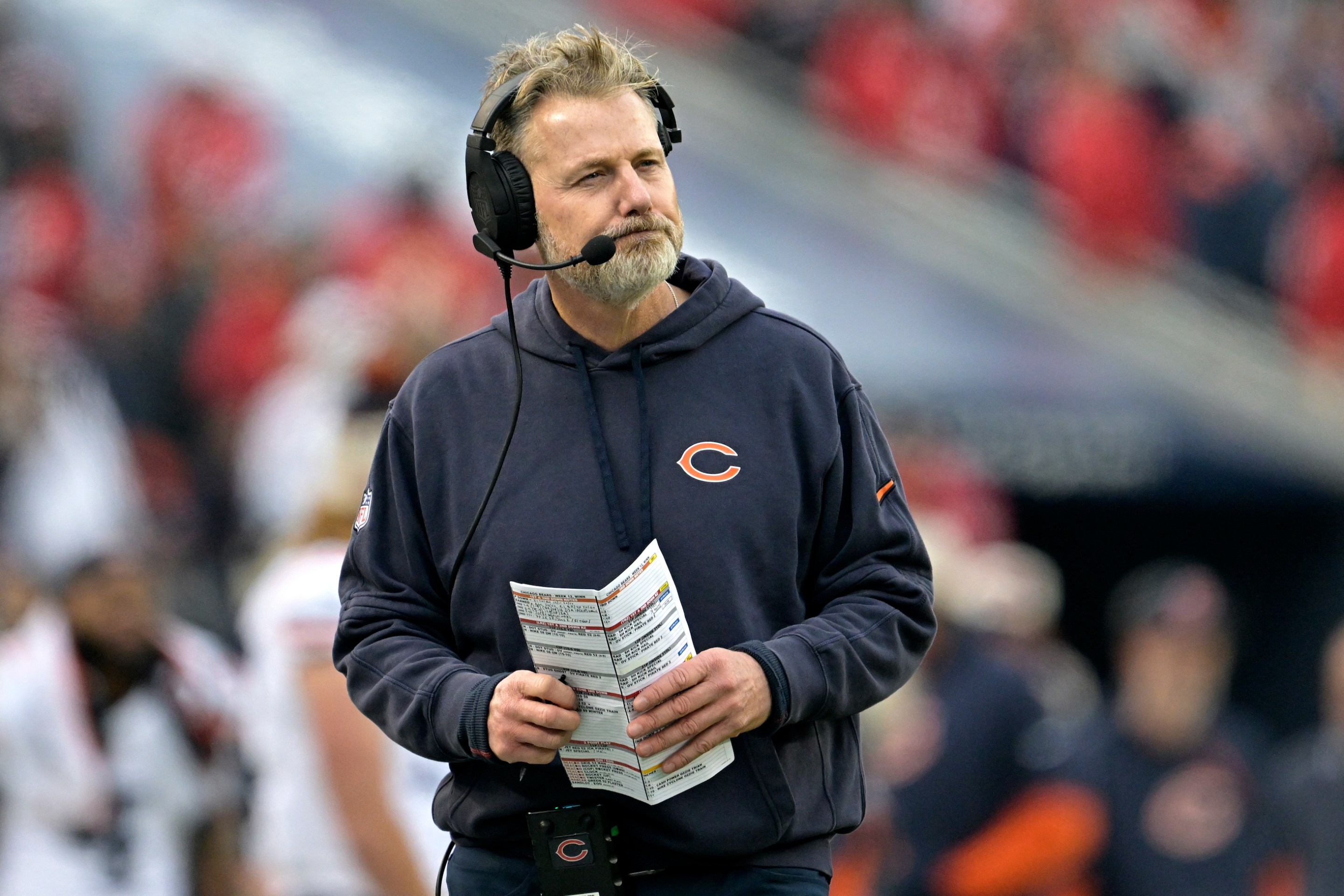 Matt Eberflus looking vaguely disheveled as he coaches the Bears