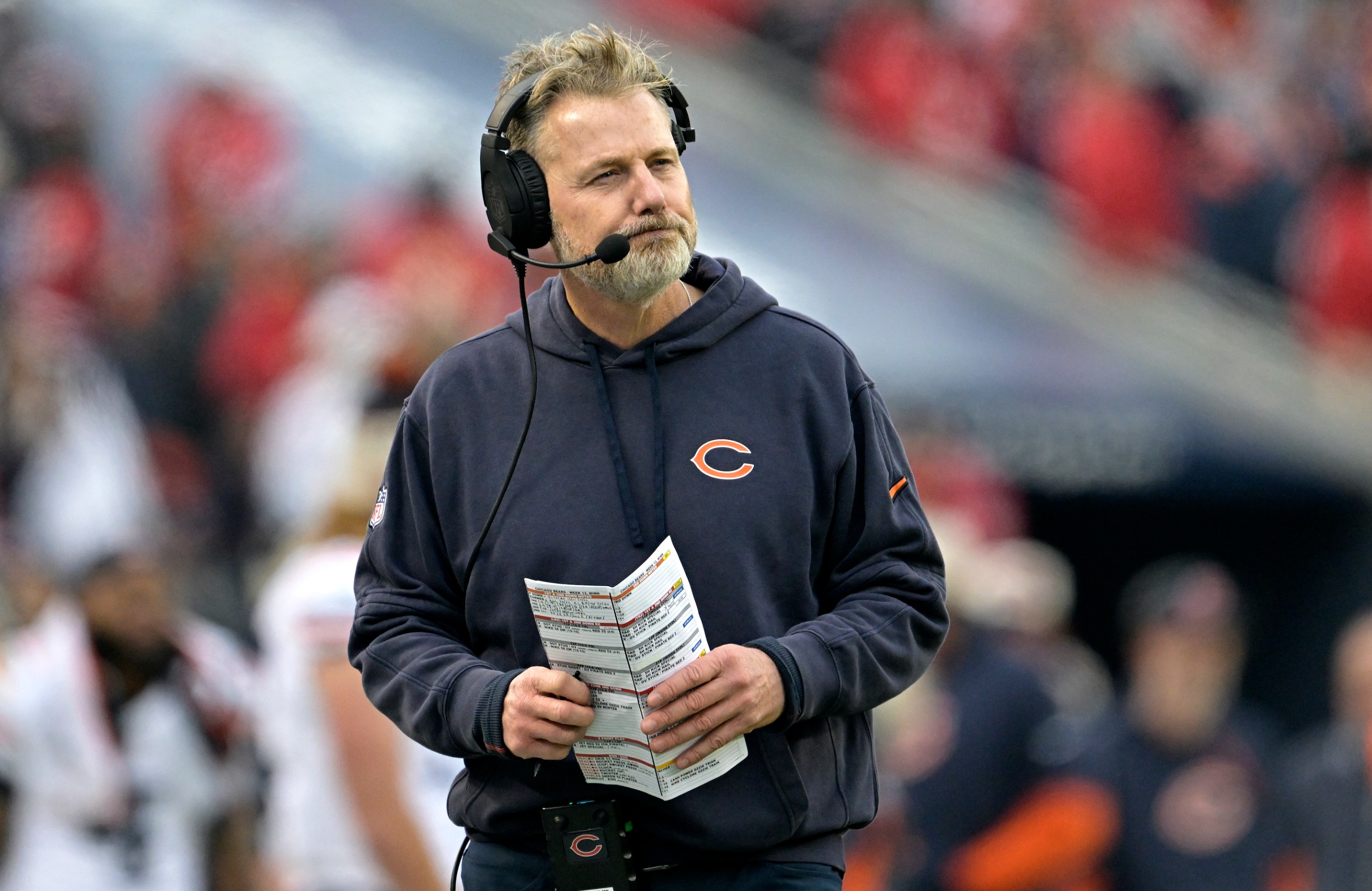 Matt Eberflus looking vaguely disheveled as he coaches the Bears