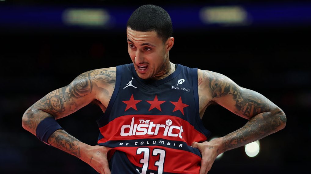 Kyle Kuzma #33 of the Washington Wizards reacts against the Chicago Bulls during the second half in the Emirates NBA Cup at Capital One Arena on November 26, 2024 in Washington, DC.