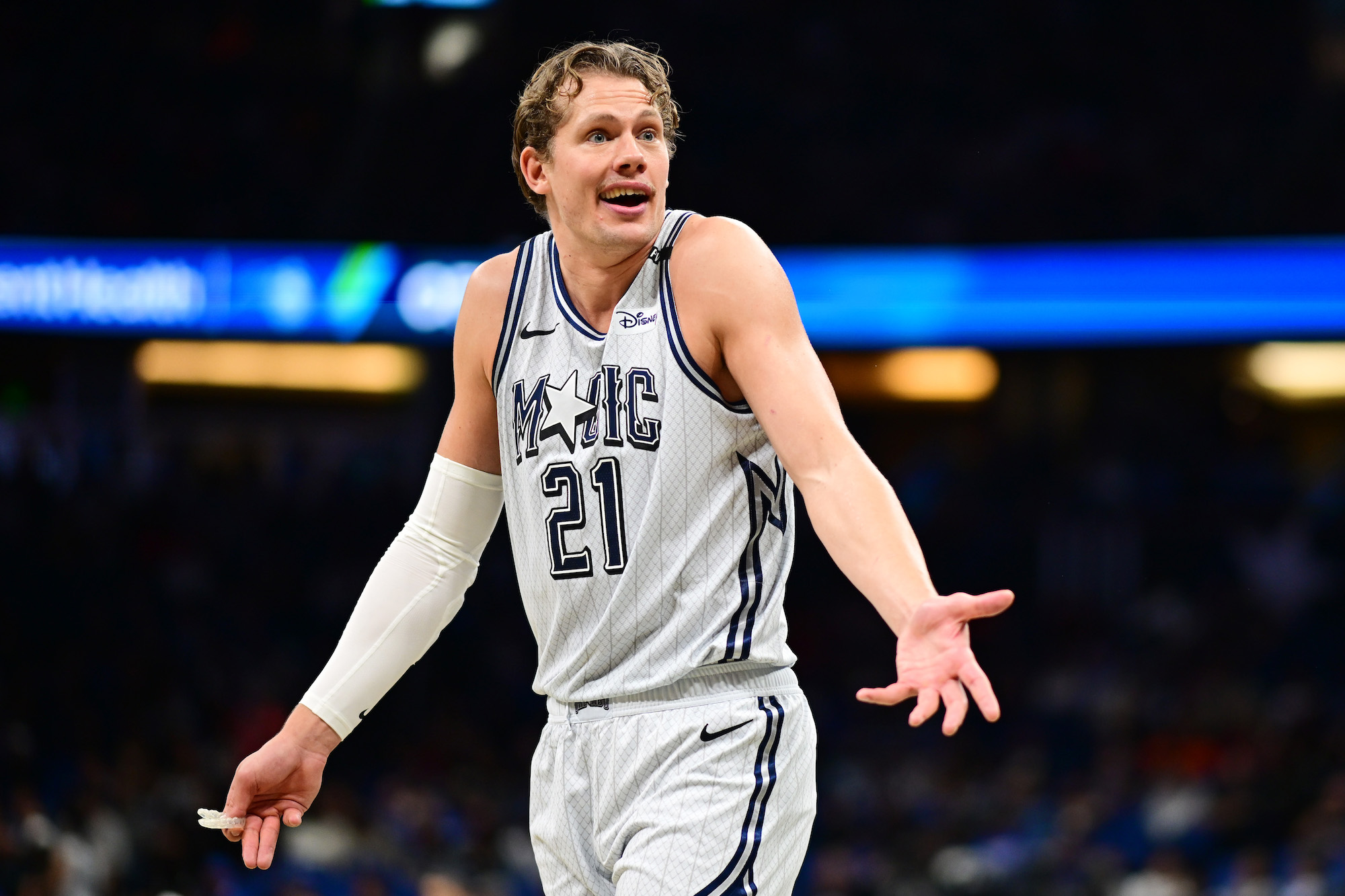 Moritz Wagner #21 of the Orlando Magic reacts in the first half of a game against the Chicago Bulls at Kia Center on November 27, 2024 in Orlando, Florida.